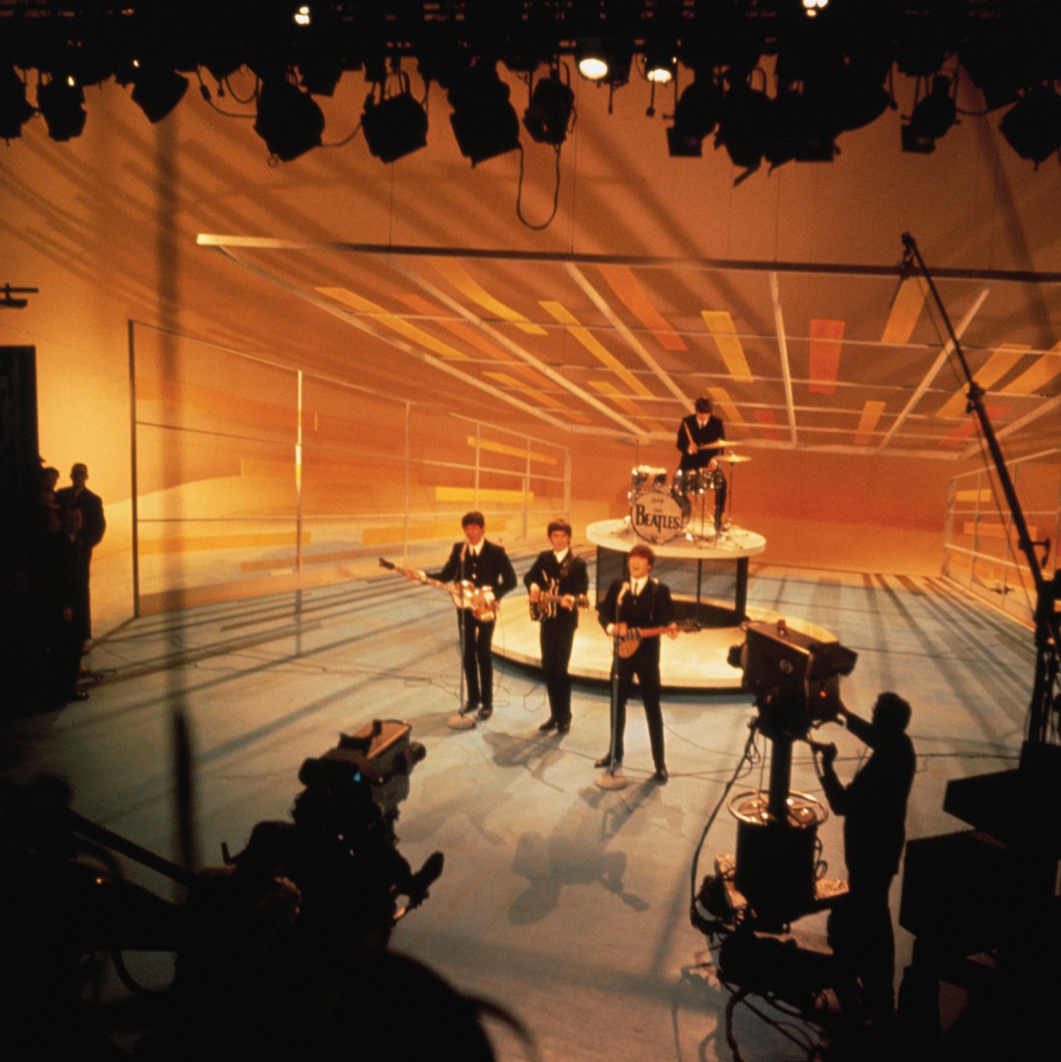 The Beatles performing during their nationwide television debut on The Ed Sullivan Show from CBS television studios