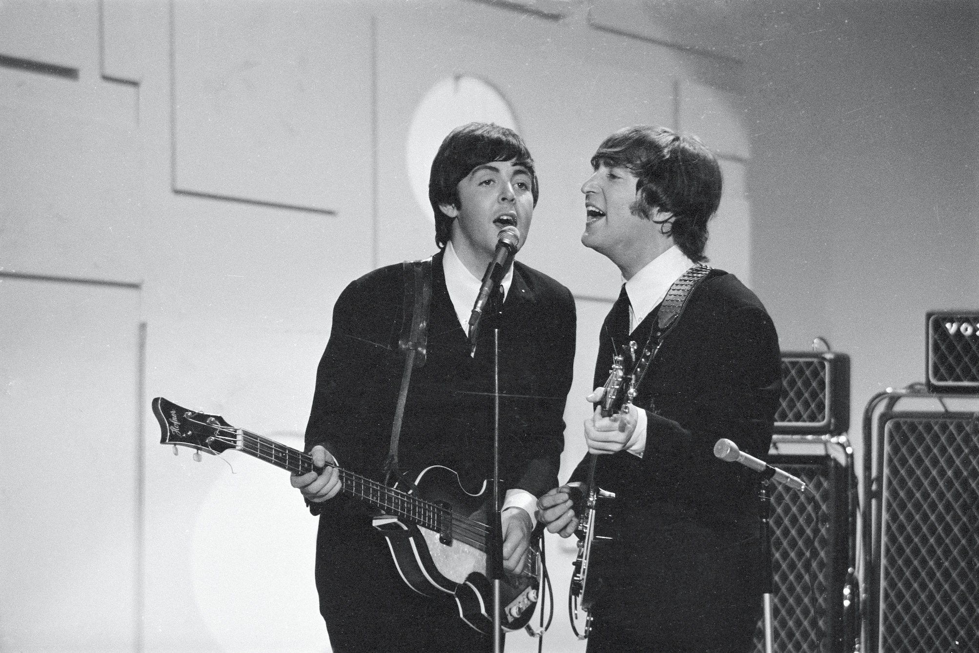 John Lennon and Paul McCartney of The Beatles appear on 'The Ed Sullivan Show'