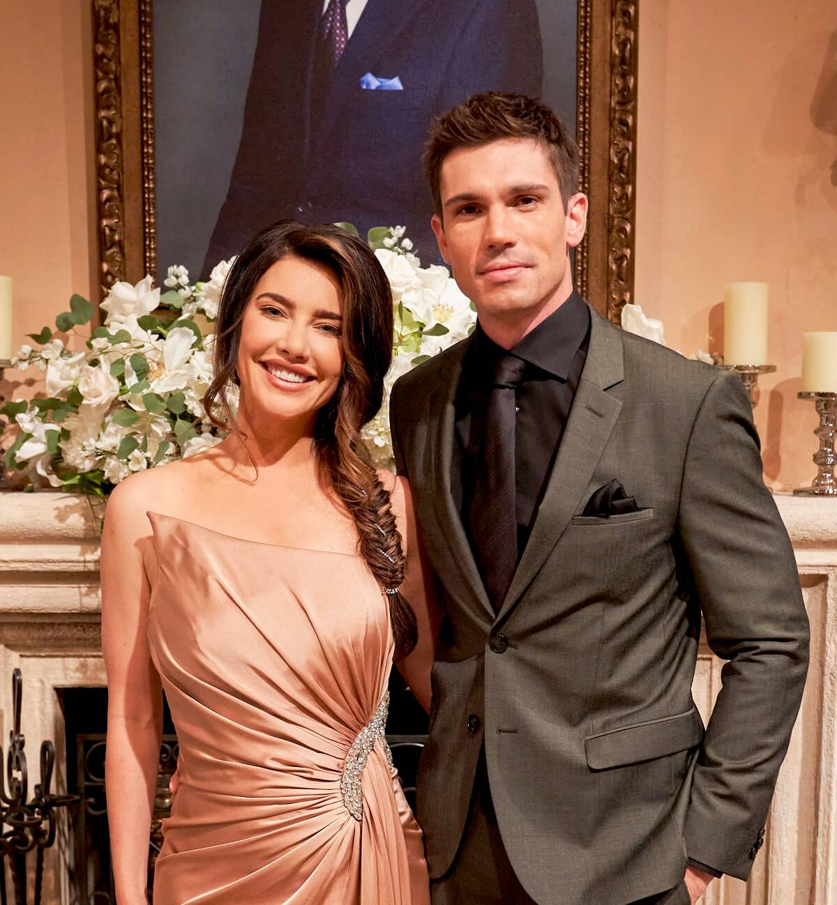 'The Bold and the Beautiful' stars Jacqueline MacInnes Wood and Tanner Novlan posing together on set of the soap opera.