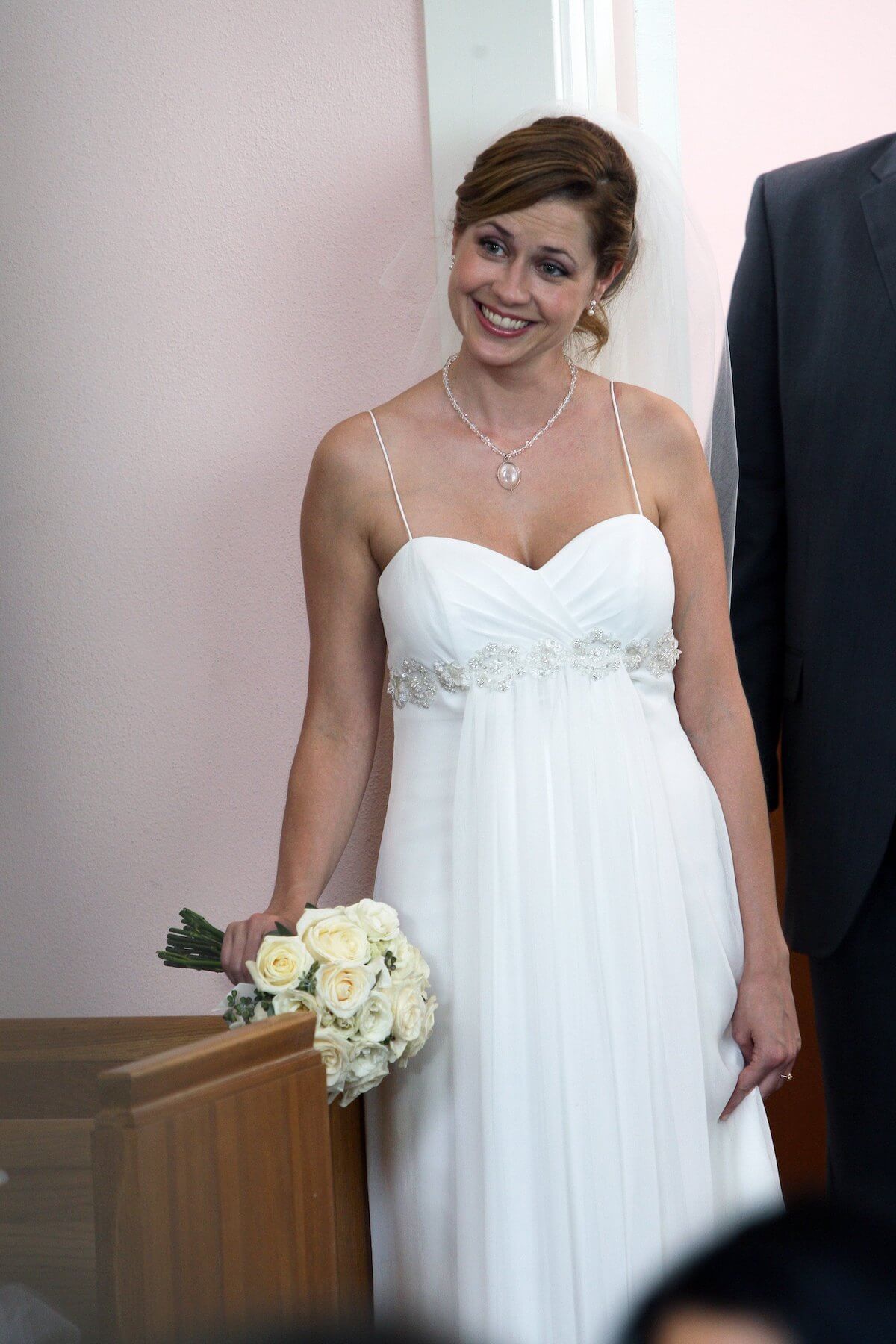 'The Office': Pam (Jenna Fisher) holds her bouquet at her wedding