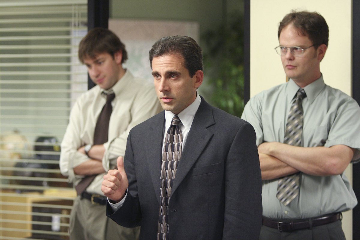 'The Office': Steve Carell points his finger in front of Rainn Wilson and John Krasinski