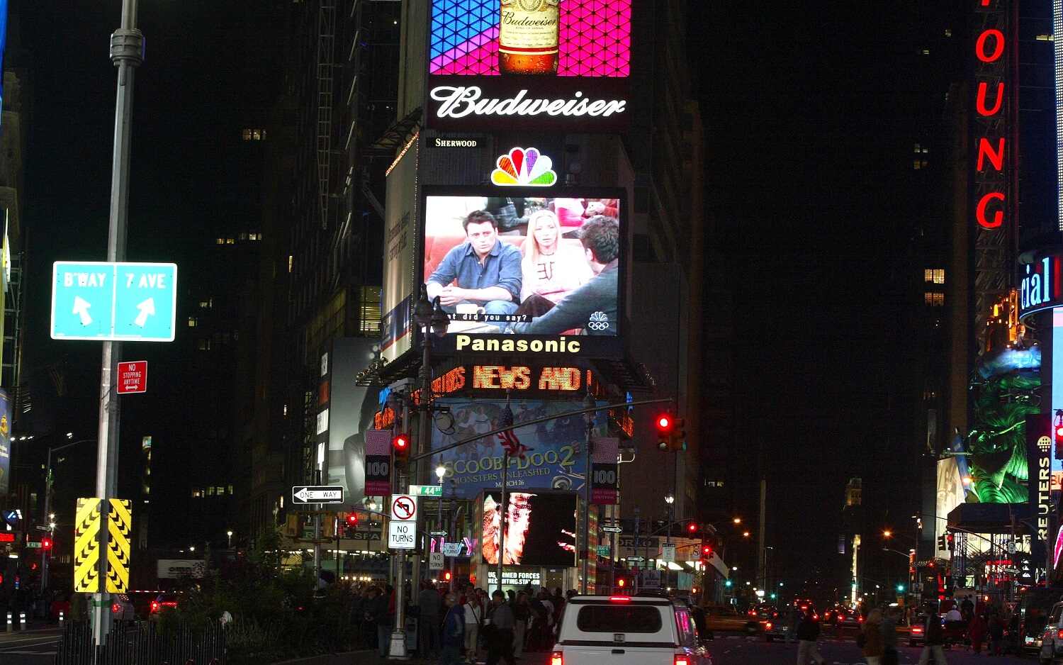 The 'Friends' finale is broadcast on a screen in Times Square in 2004. Groups gathered to see the finale