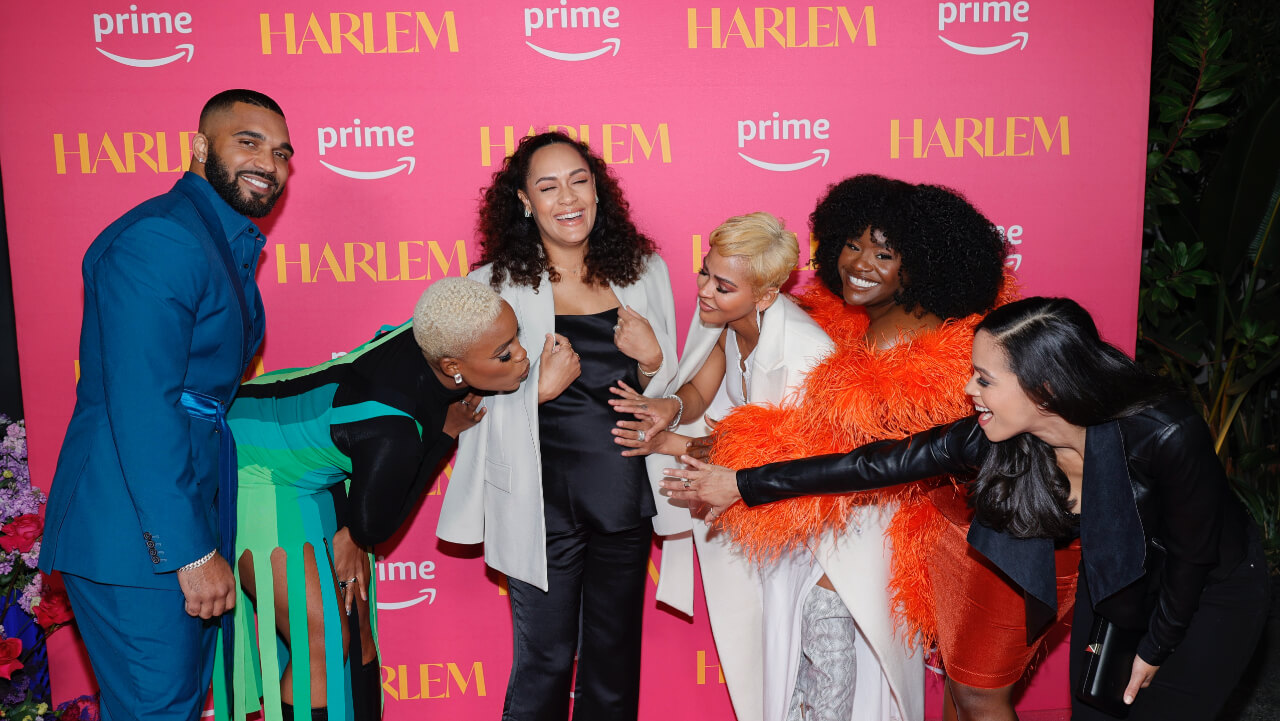 Tyler Lepley, Jerrie Johnson, Grace Byers, Meagan Good, Shoniqua Shandai and Juani Feliz attends Prime Video's "Harlem" Season 2 Exclusive Los Angeles Screening