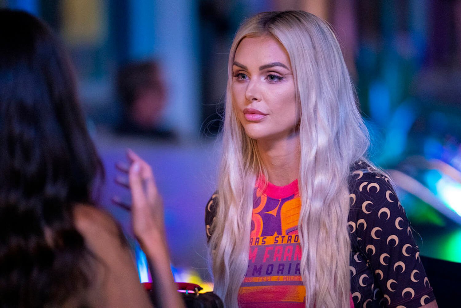 'Vanderpump Rules' Lala confessed to Raquel that she had sex with James while he and Raquel were together. Lala is seen here wearing a neon pink and black shirt in a production still.