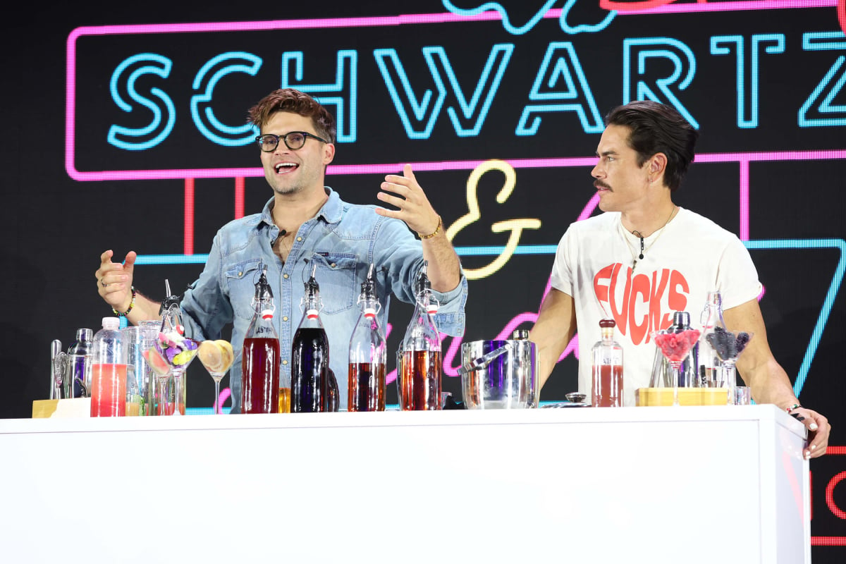 Vanderpump Rules stars Tom Schwartz and Tom Sandoval make cocktails at Schwartz & Sandys from the Javits Center in New York City on Sunday, October 16, 2022