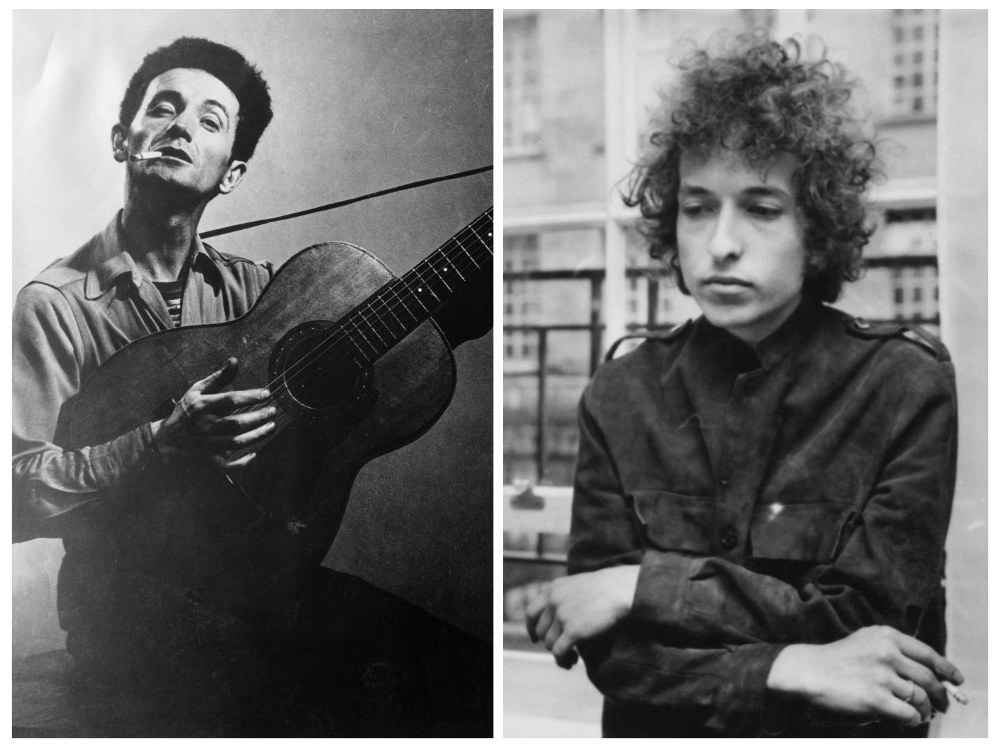 A black and white picture of Woody Guthrie holding a guitar. Bob Dylan holds a cigarette and leans against a window.