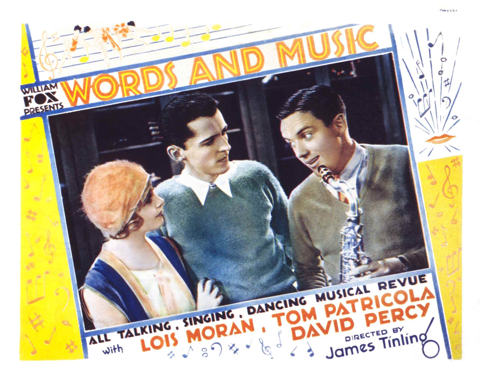 'Words and Music' Lois Moran as Mary Brown, David Percy as Phil Denning, and Frank Albertson as Skeet Mulroy. Mulroy holding a saxophone while Mary and Phil look at him.