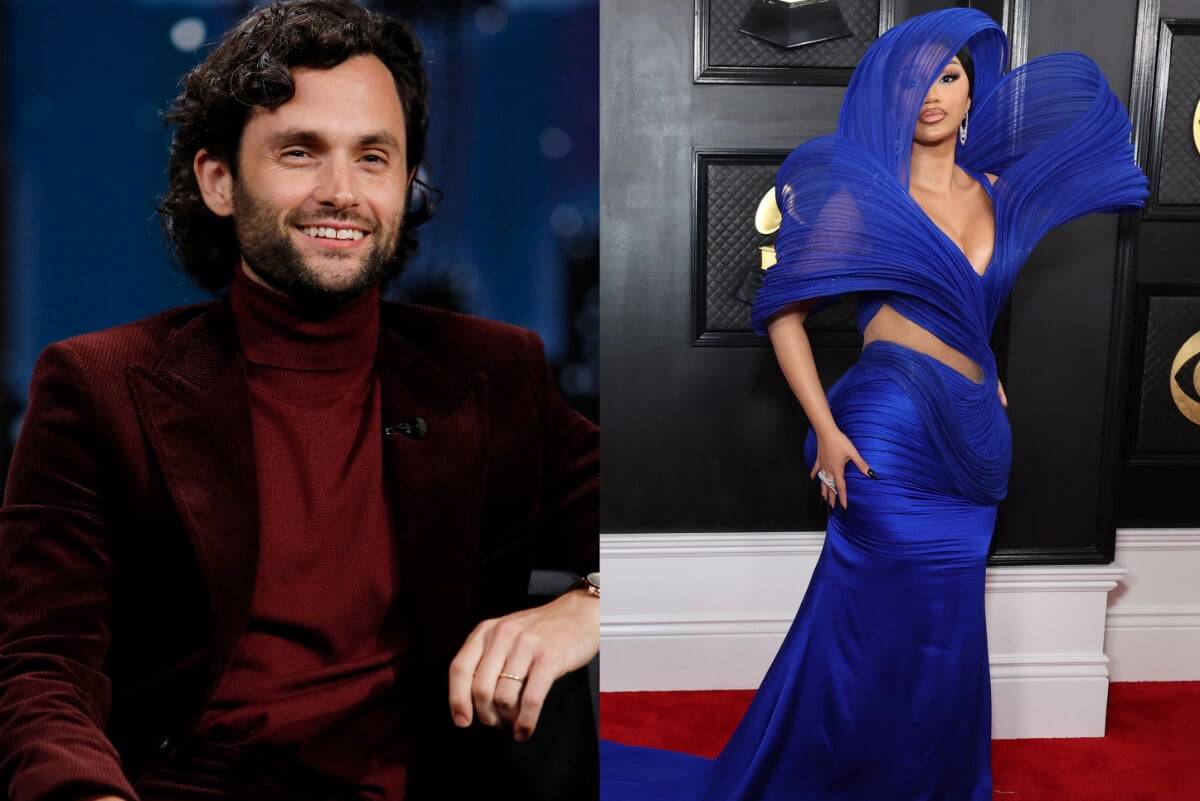 Split image of Penn Badgley and Cardi B. Badgley wears a red turtleneck and blazer and Cardi wears a blue dress.