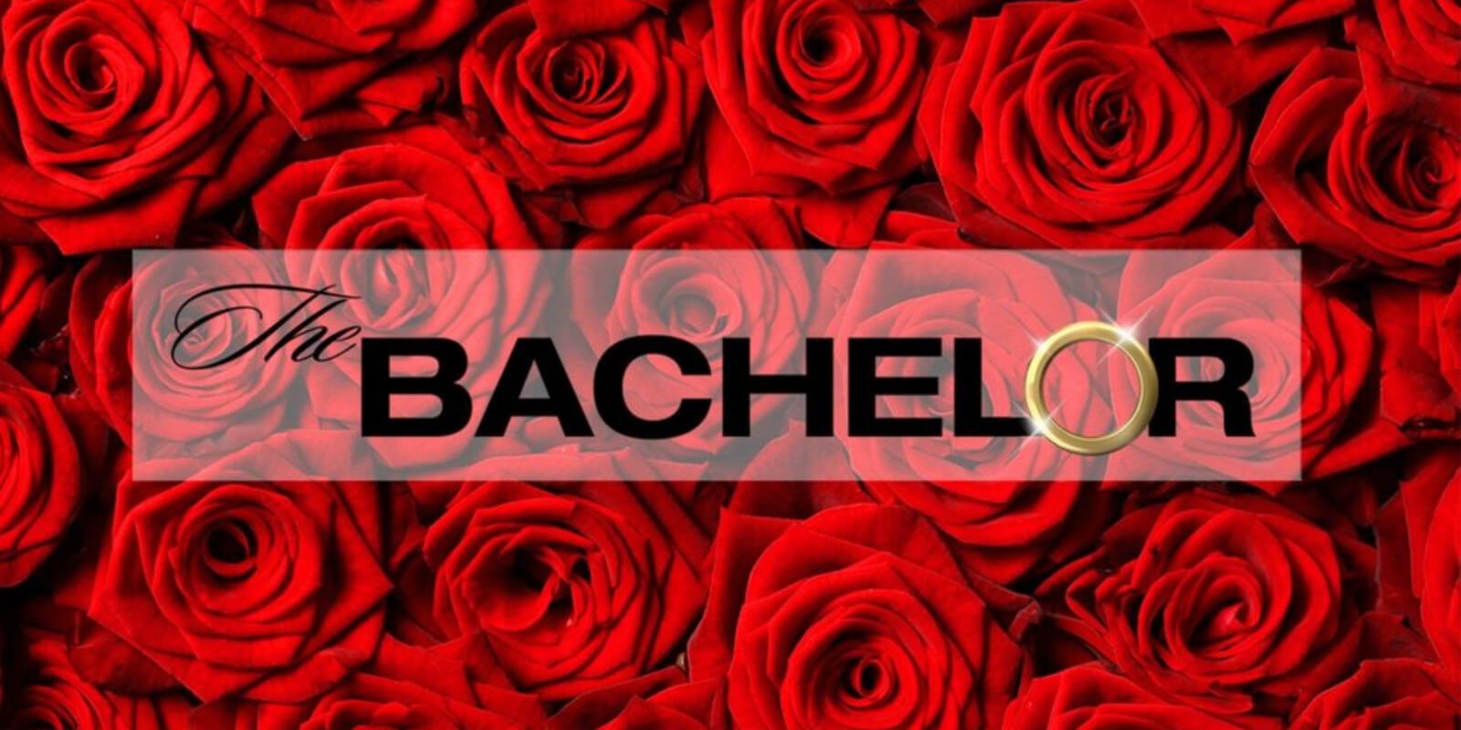 Logo for ABC's 'The Bachelor' includes red roses, black type and a gold wedding band.