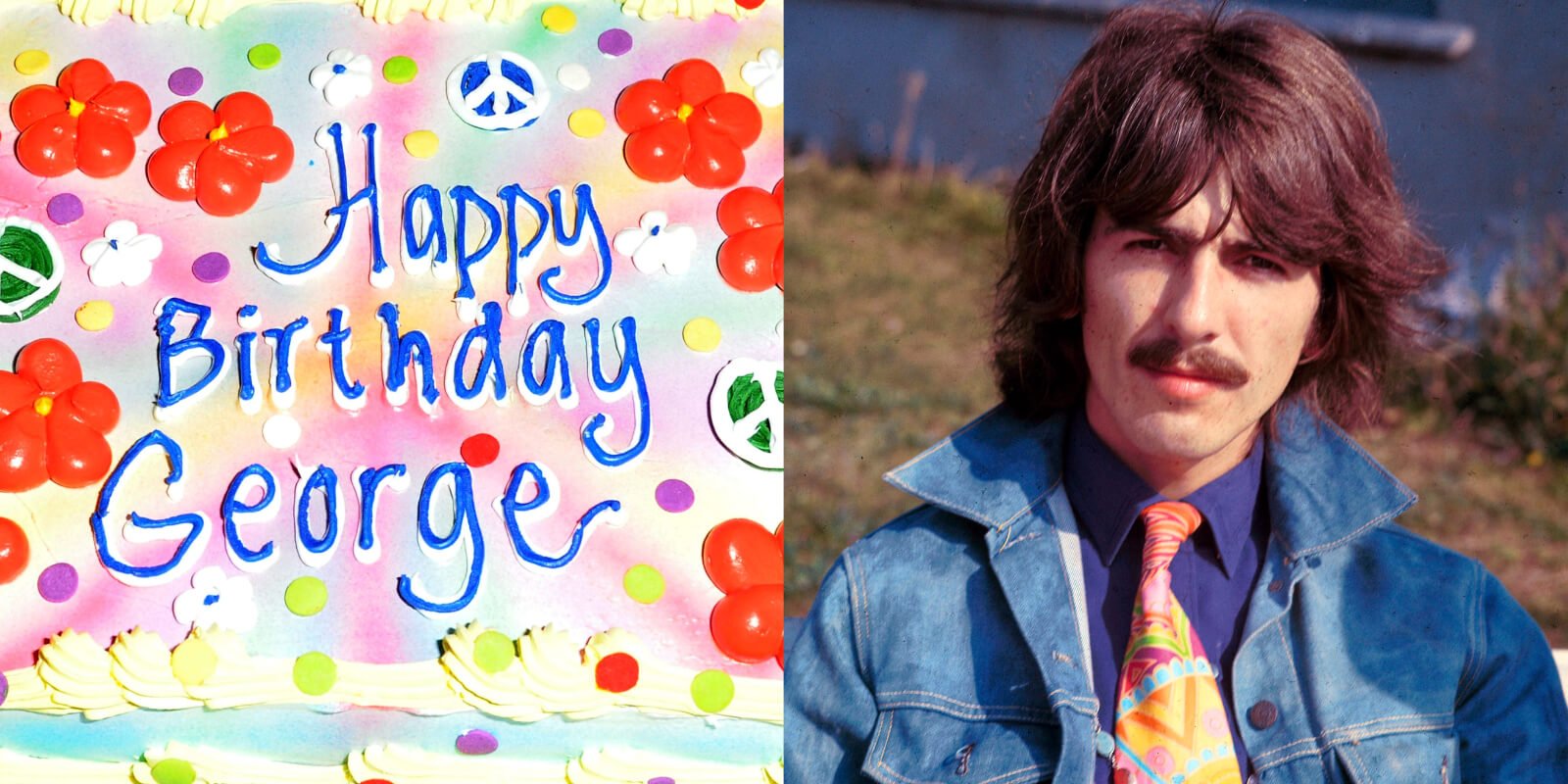 Side-by-side photos of a birthday cake and The Beatles' George Harrison.