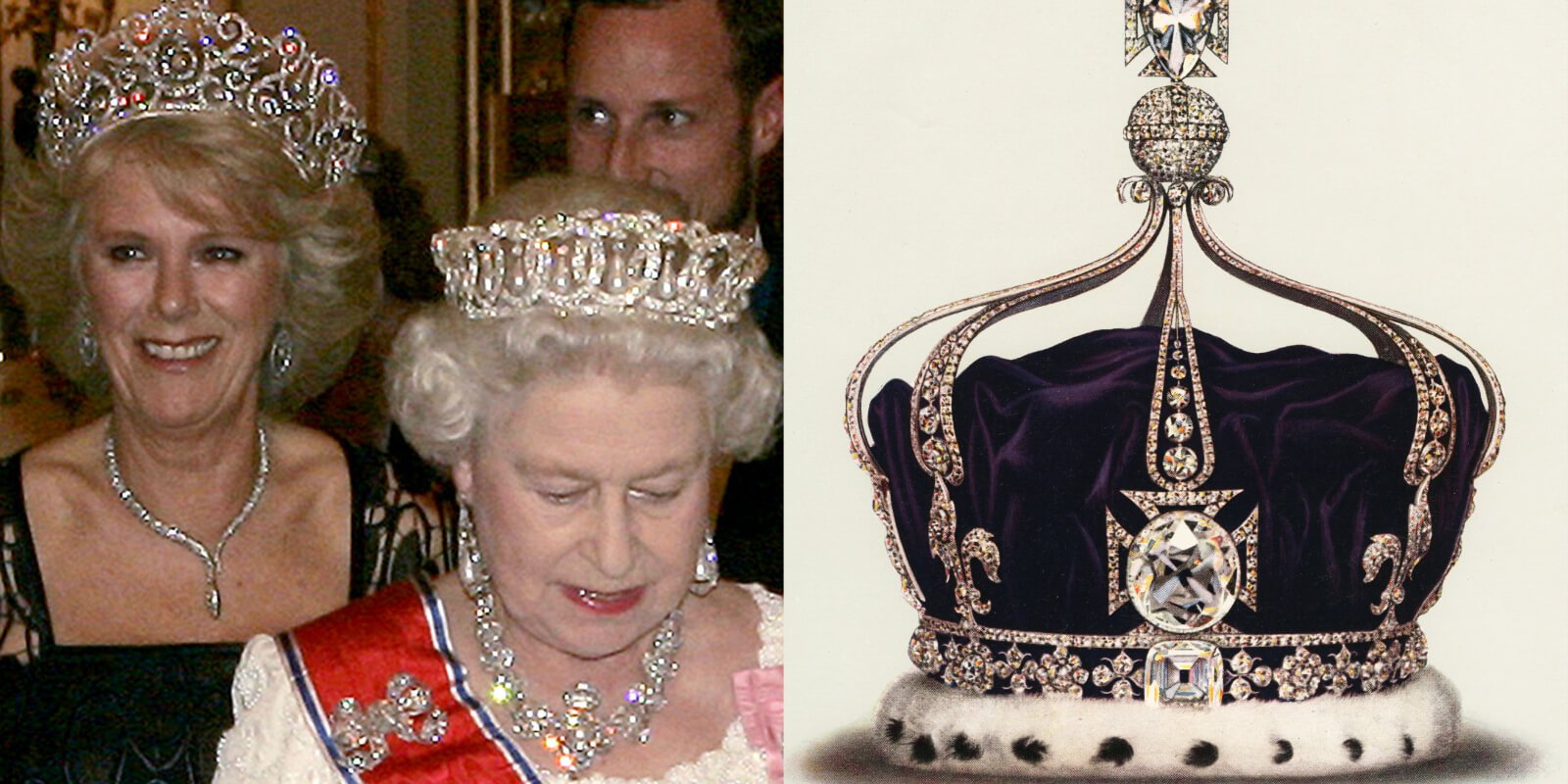 Camilla Parker Bowles, Queen Elizabeth and the Queen Mary Crown in side by side images.