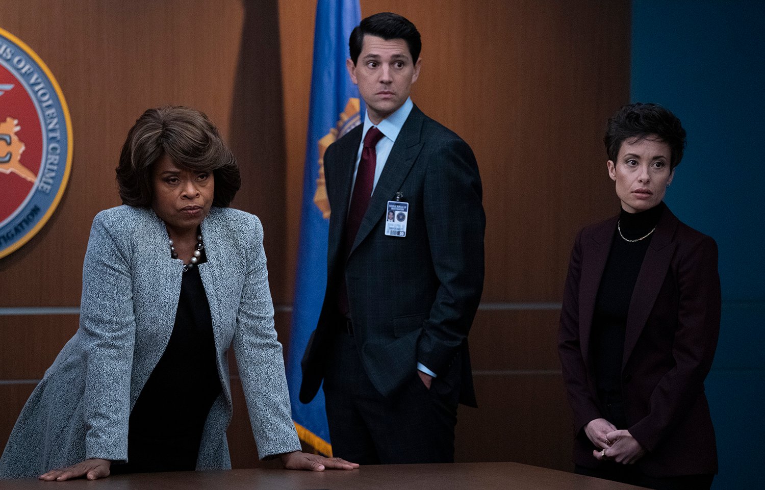 Criminal Minds: Evolution: Monnae Michaell as Attorney General Louise Davis, Nicholas D'Agosto as Deputy Director Bailey and Nicole Pacent as Rebecca discussing Gold Star.