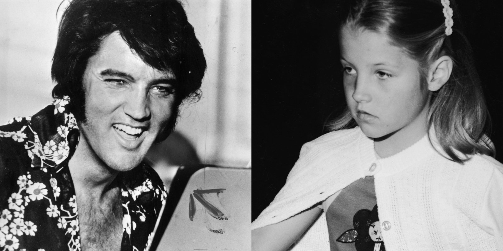 Elvis Presley and Lisa Marie Presley in side by side photos from the 1970s |