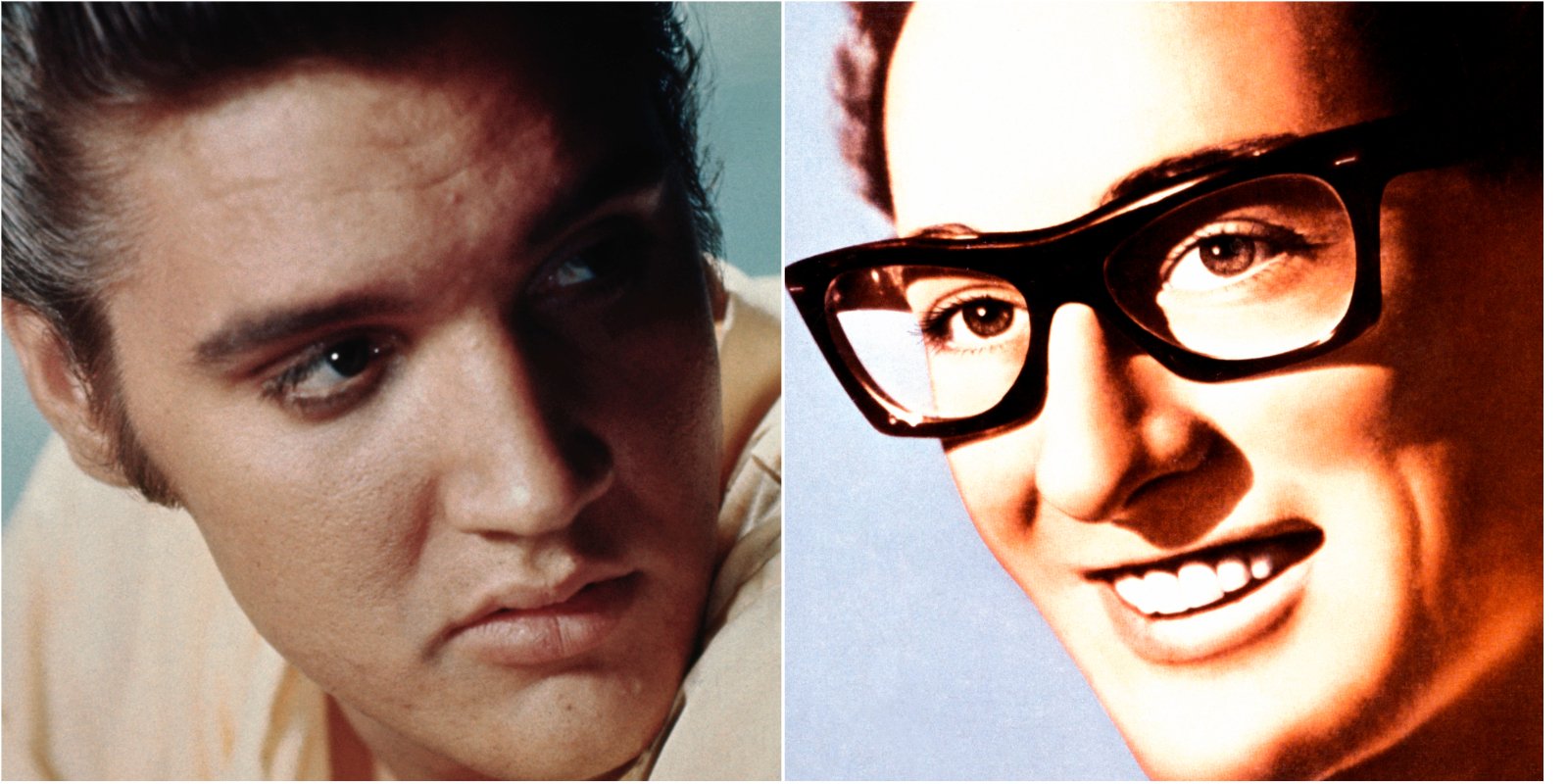 Elvis Presley and Buddy Holly in side by side headshots.