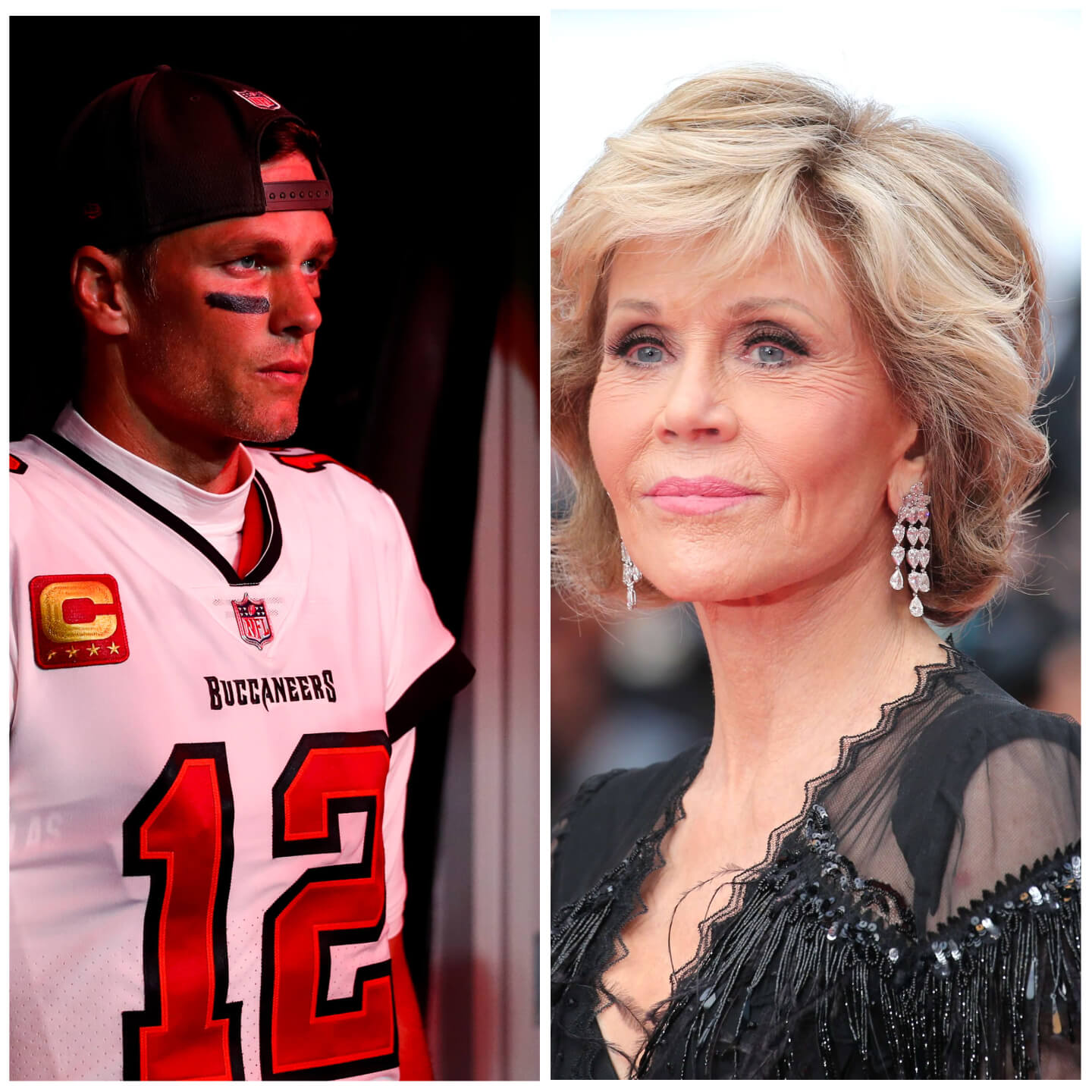 Tom Brady and Jane Fonda in side-by-side pictures.