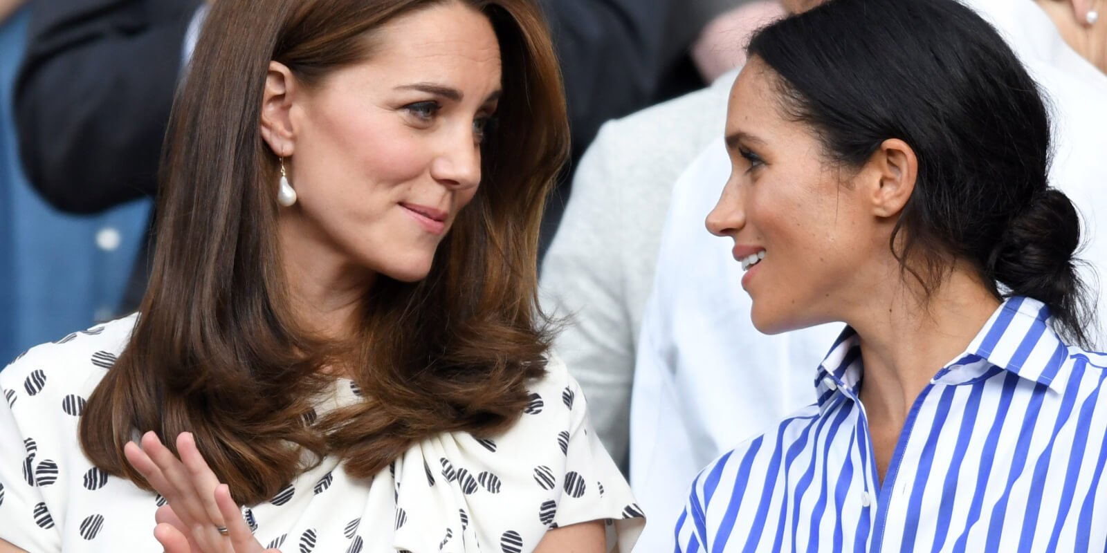 Kate Middleton and Meghan Markle at Wimbledon Tennis Championships at the All England Lawn Tennis and Croquet Club on July 14, 2018 in London, England.