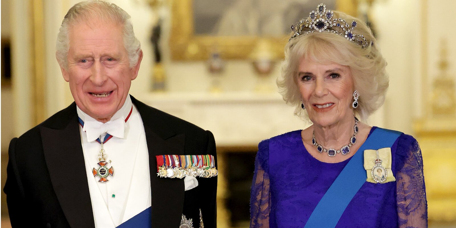 King Charles III and Camilla Parker Bowles at during the State Banquet at Buckingham Palace on November 22, 2022.