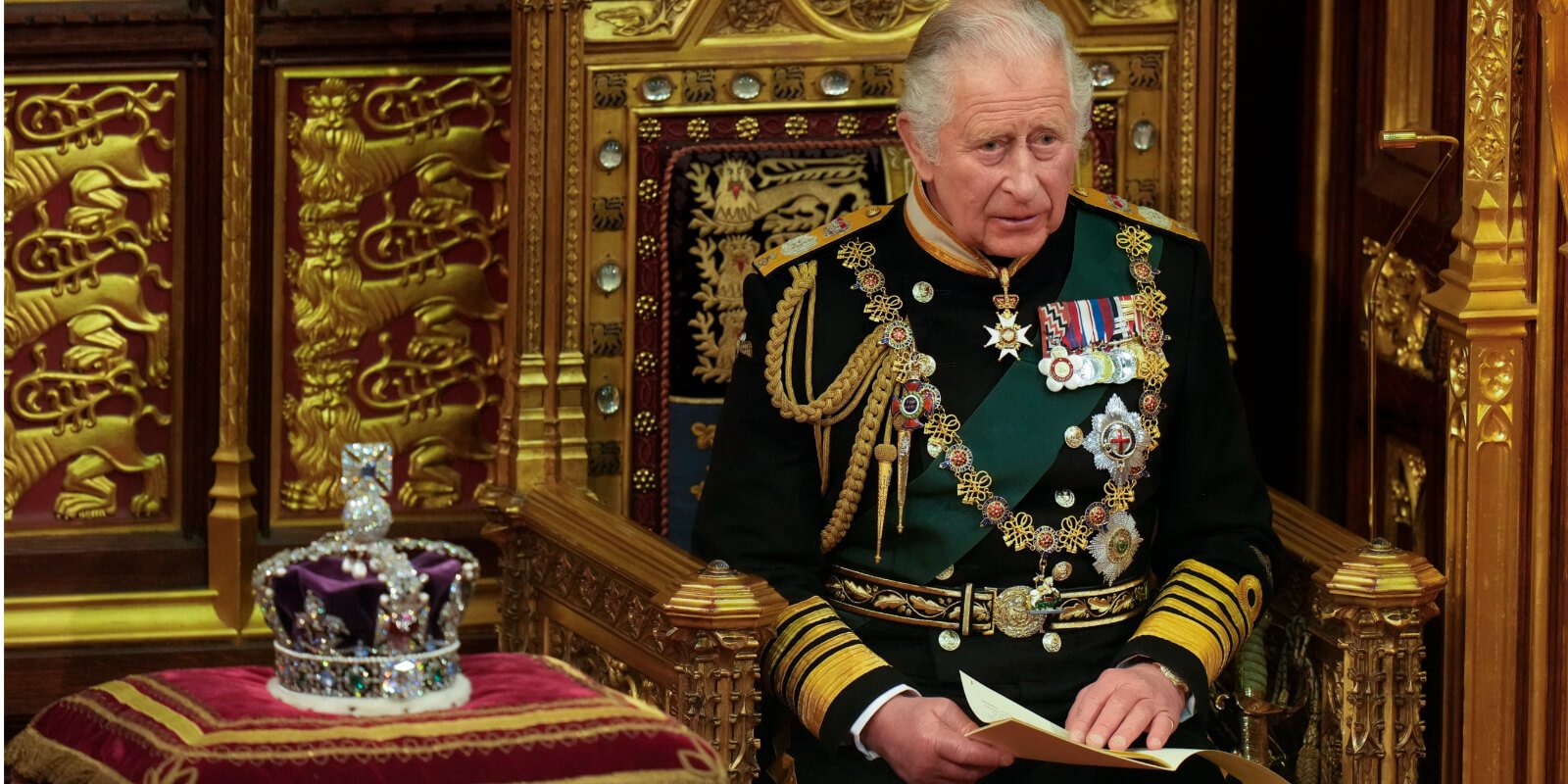 King Charles III and the Imperial State Crown at the opening of Parliament.