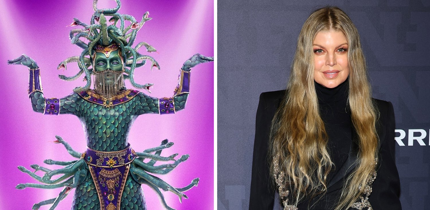 The Masked Singer key art shows Medusa with her arms raised to her sides // Fergie poses at 36th Annual Footwear News Achievement Awards