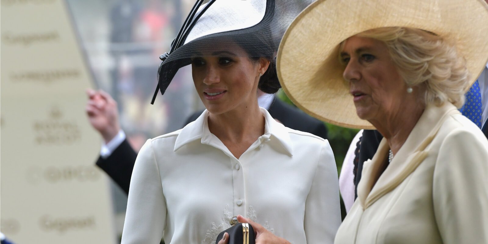 Meghan Duchess of Sussex and Camilla Duchess of Cornwall arrive on day 1 of Royal Ascot at Ascot Racecourse on June 19, 2018 in Ascot, England.