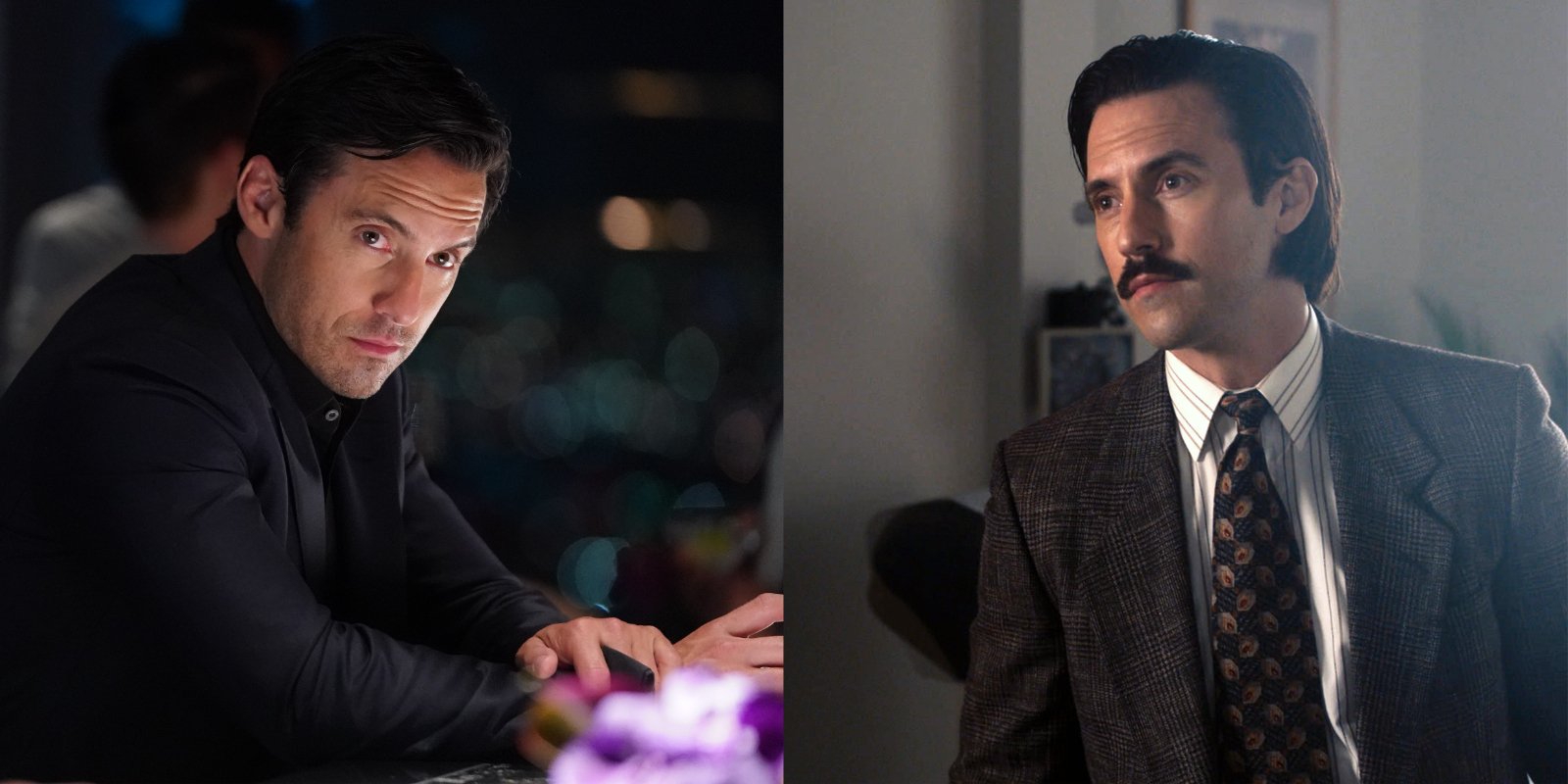 Milo Ventimiglia in side by side photographs from 'The Company You Keep' and 'This Is Us.'