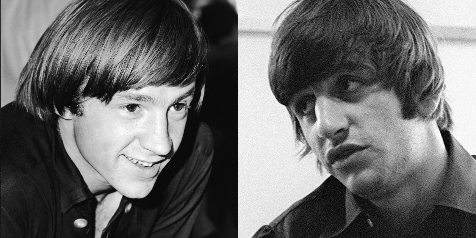 Peter Tork and Ringo Starr in side by side black and white photographs.