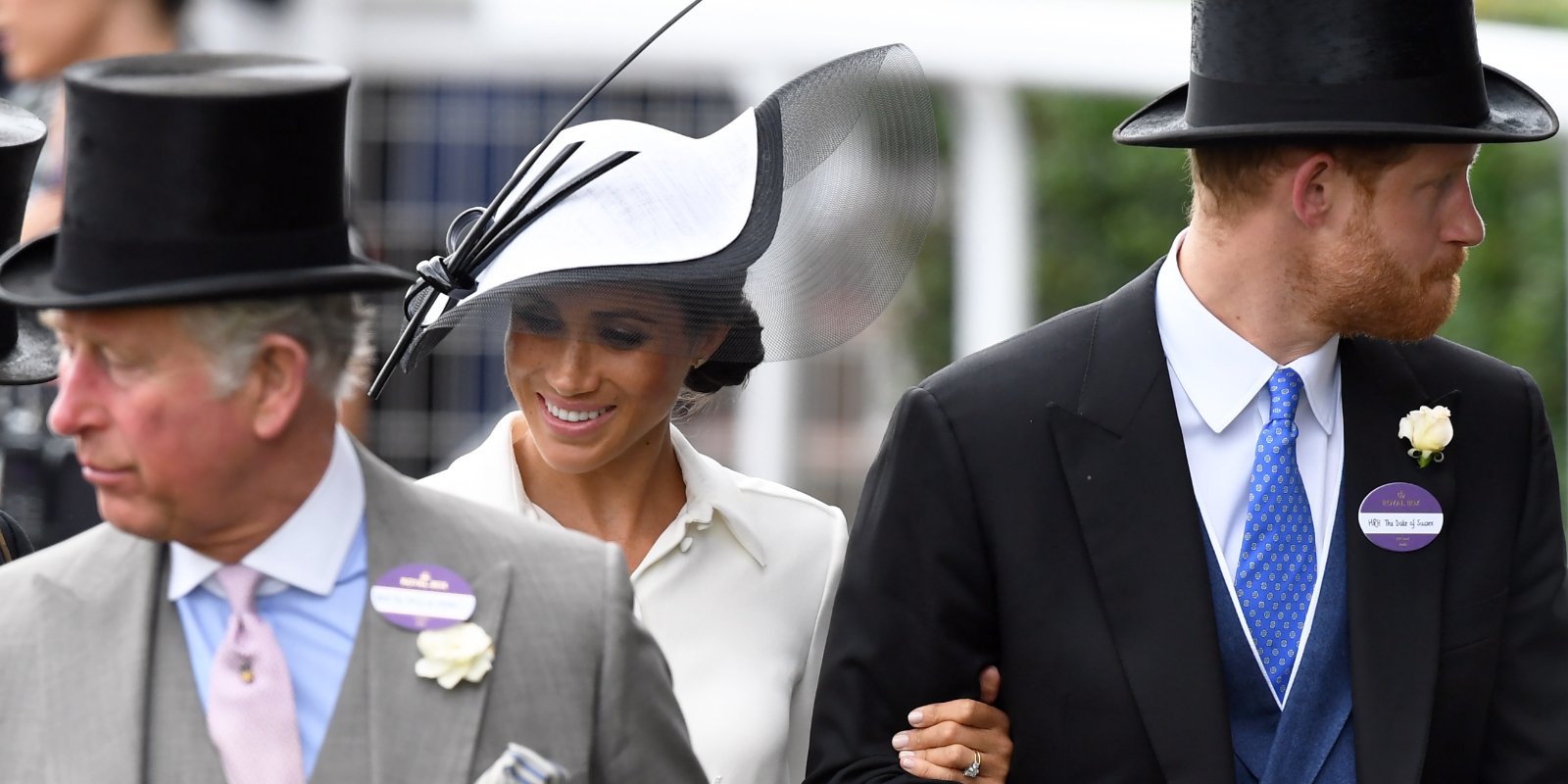 King Charles III, Meghan Markle and Prince Harry at Ascot in 2018.