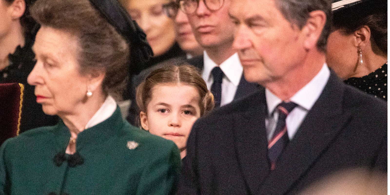 Princess Anne, Princess Royal and Princess Charlotte of Cambridge take their seats at Westminster Abbey for the Service of Thanksgiving for the Duke of Edinburgh on March 29, 2022 in London, England.