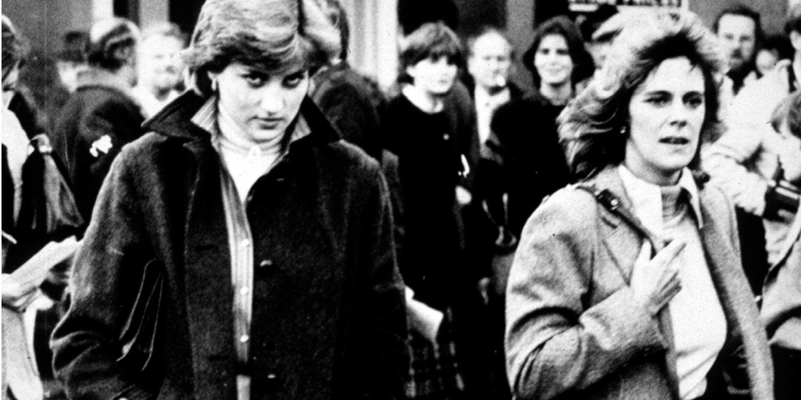 Princess Diana and Camilla Parker Bowles in a black and white photo dated 1980.