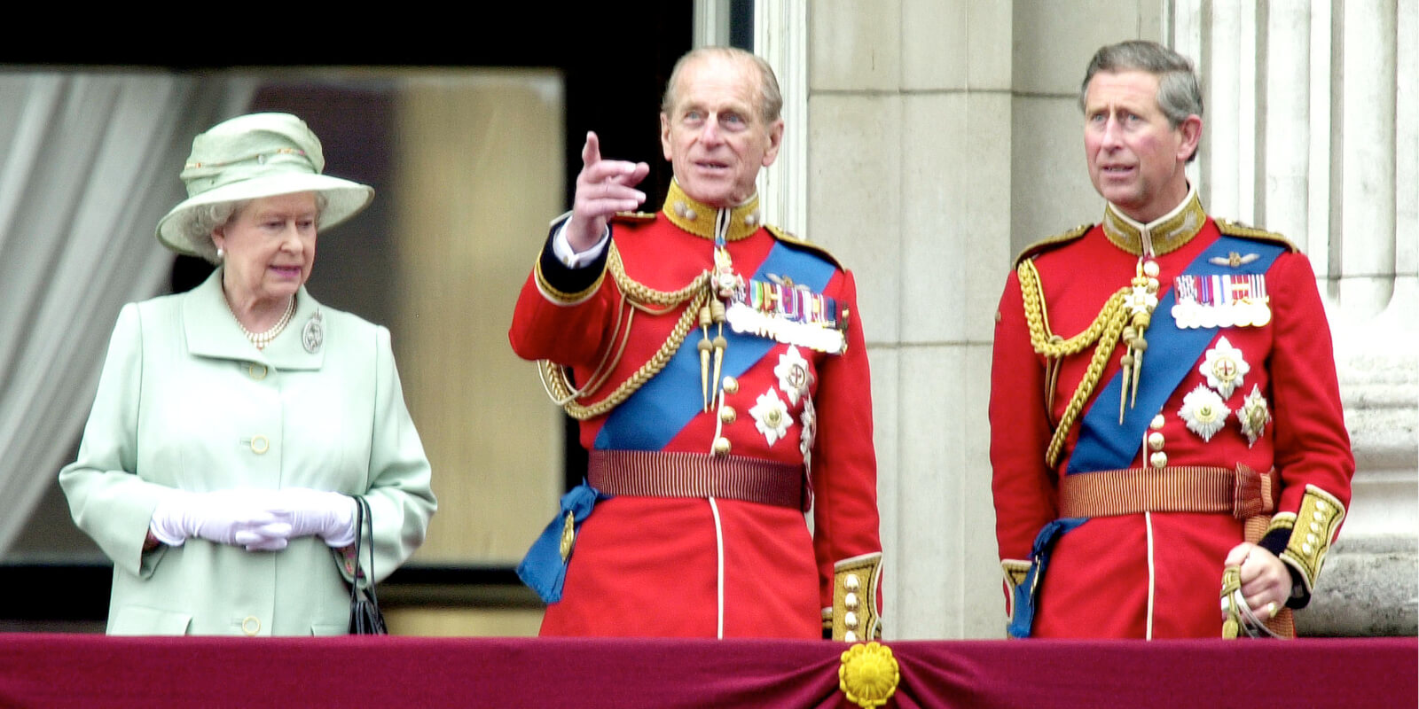 Queen Elizabeth, Prince Philip and King Charles III on the balcony of Buckingham Palace in 2001.