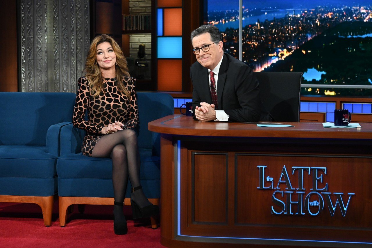 Shania Twain talks to Stephen Colbert on The Late Show With Stephen Colbert. 