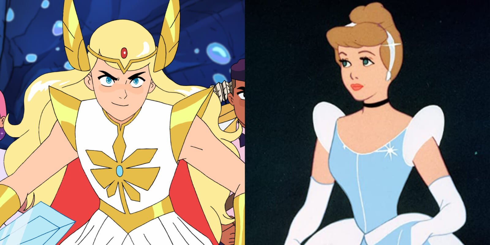 She-Ra Princess of Power and Cinderella in side by side photographs.