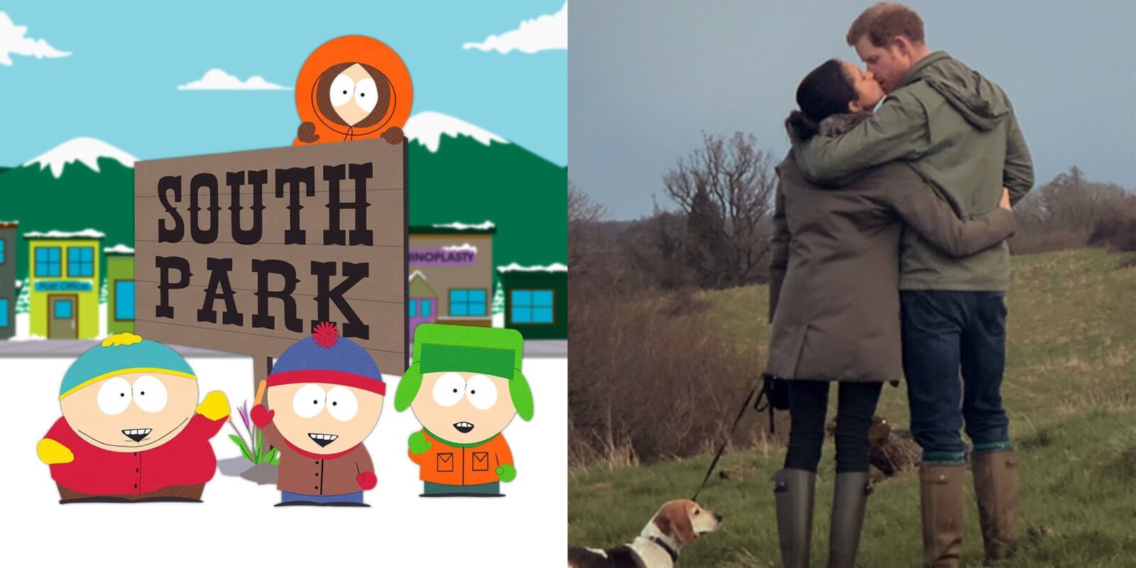 'South Park' characters and a photo of Prince Harry and Meghan Markle from their Netflix docuseries 'Harry & Meghan.'