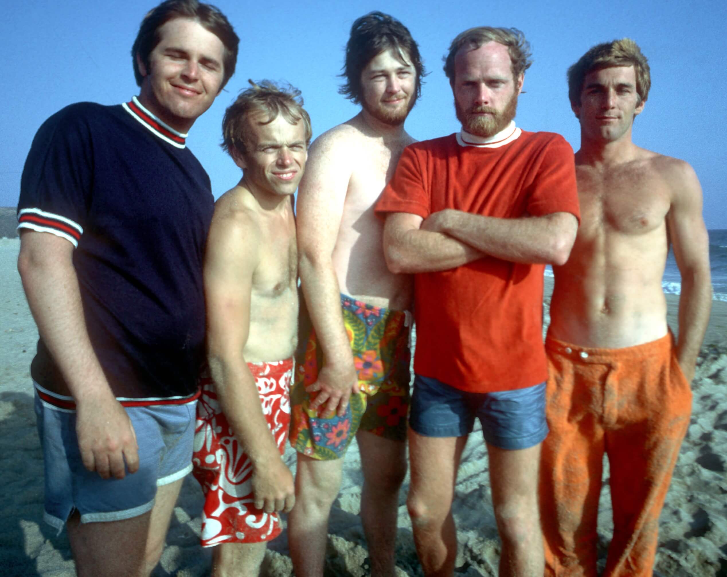 The Beach Boys on a beach during the "Good Vibrations" era