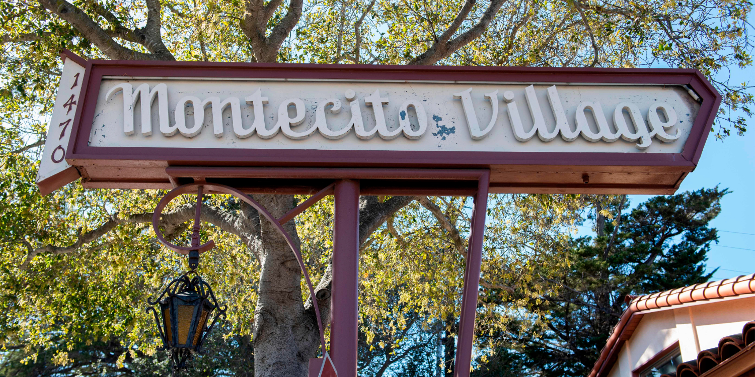 A sign welcomes visitors to the Montecito Village, the town Prince Harry and Meghan Markle call home.