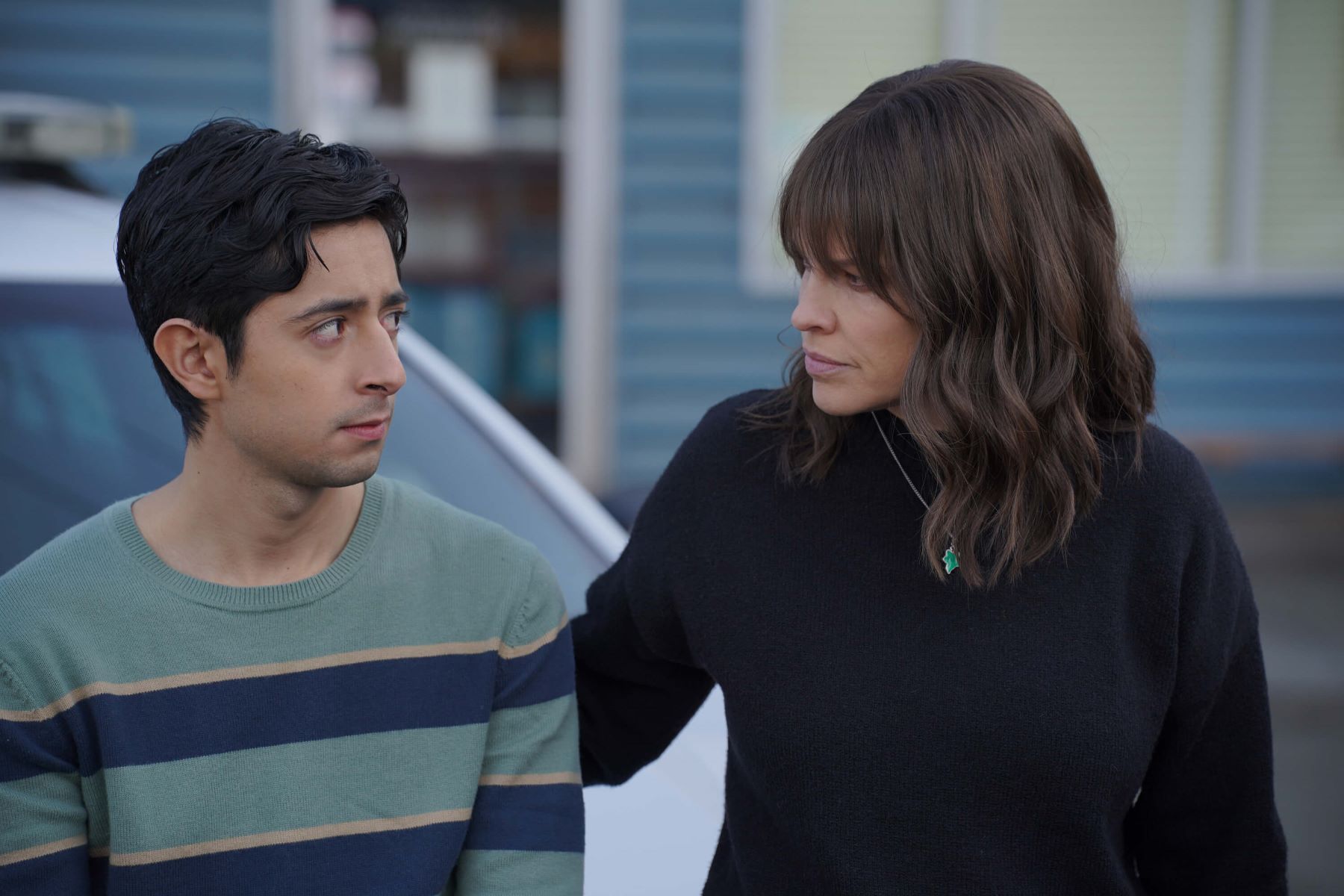 Pablo Castelblanco as Gabriel Tovar and Hilary Swank as Eileen Fitzgerald