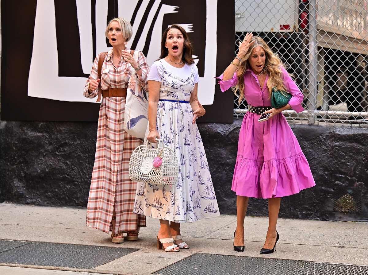 Cynthia Nixon, Kristin Davis and Sarah Jessica Parker seen on the set of "And Just Like That..." the trio is filming season 2 now.