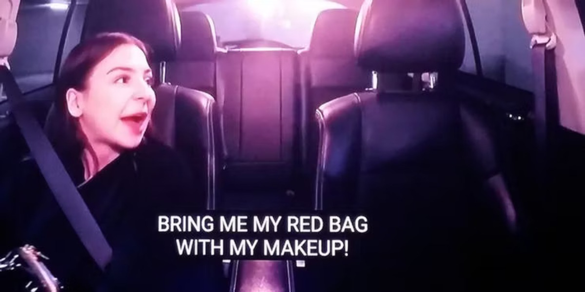 Anfisa Arkhipchenko sititng in a car, yelling about her red bag with the makeup on '90 Day Fiancé' on TLC.