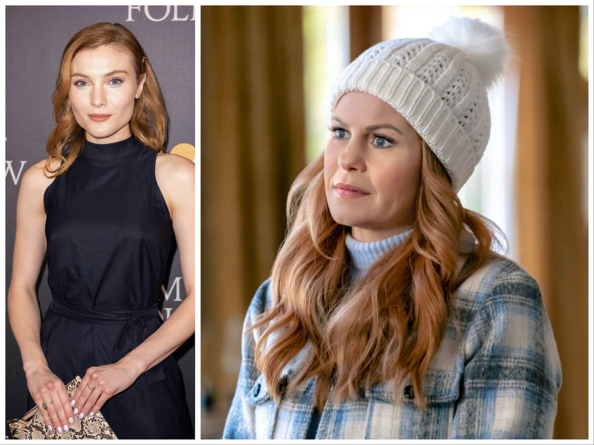 Side by side photos of Skyler Samuels and Candace Cameron Bure (wearing a knit hat) as Aurora Teagarden in a Hallmark movie