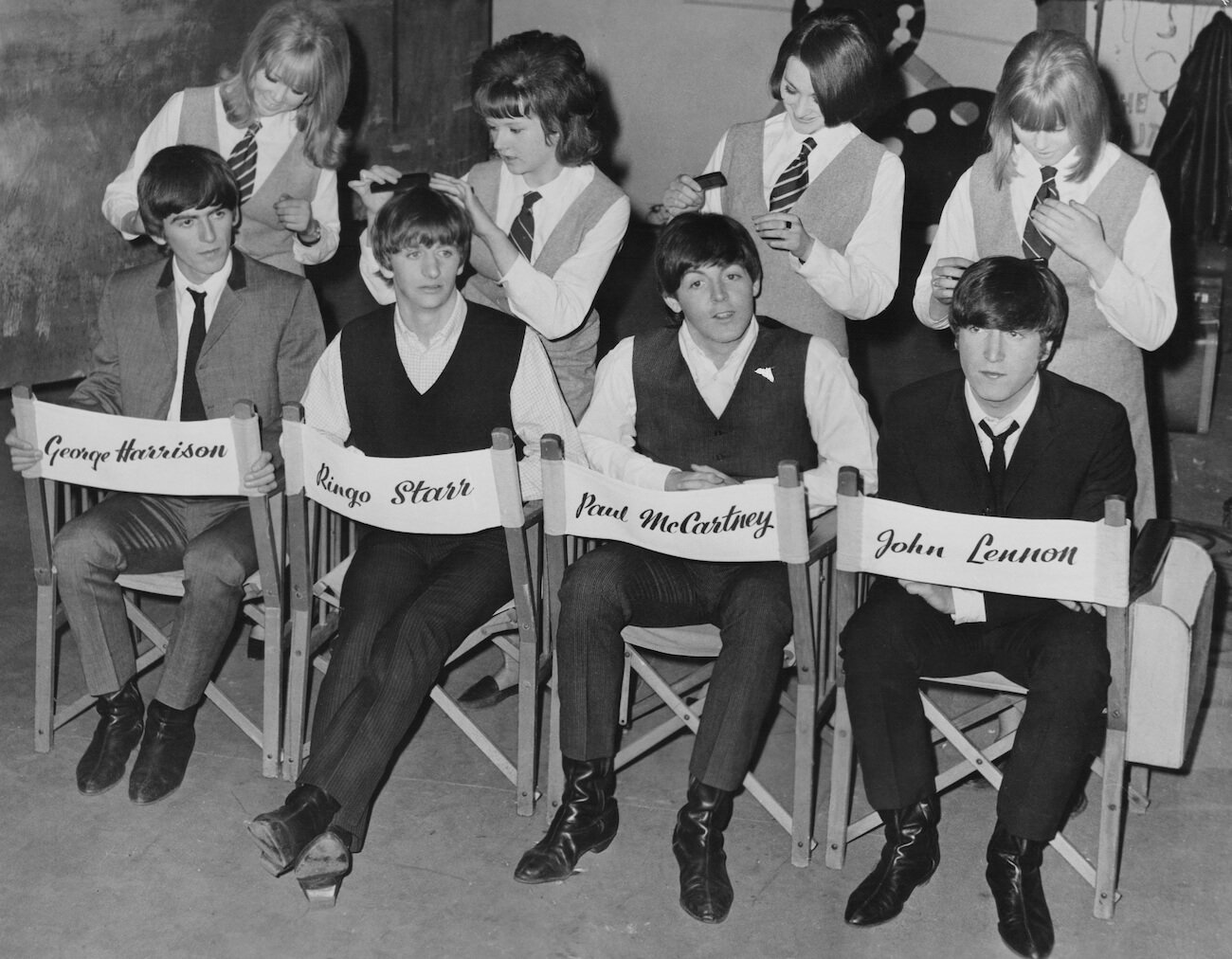 The Beatles on the set of 'A Hard Day's Night' in 1964.