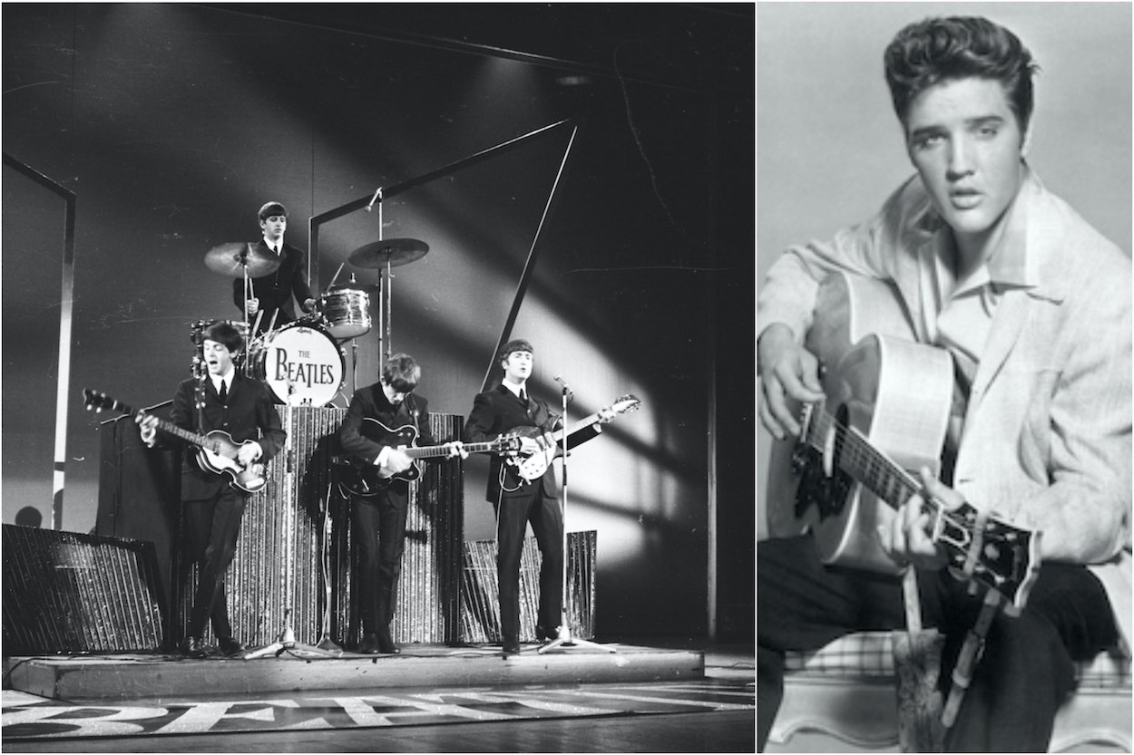 The Beatles (left) perform on Sunday Night At The London Palladium in October 1963; Elvis Presley on the set of 'Jailhouse Rock circa 1957.