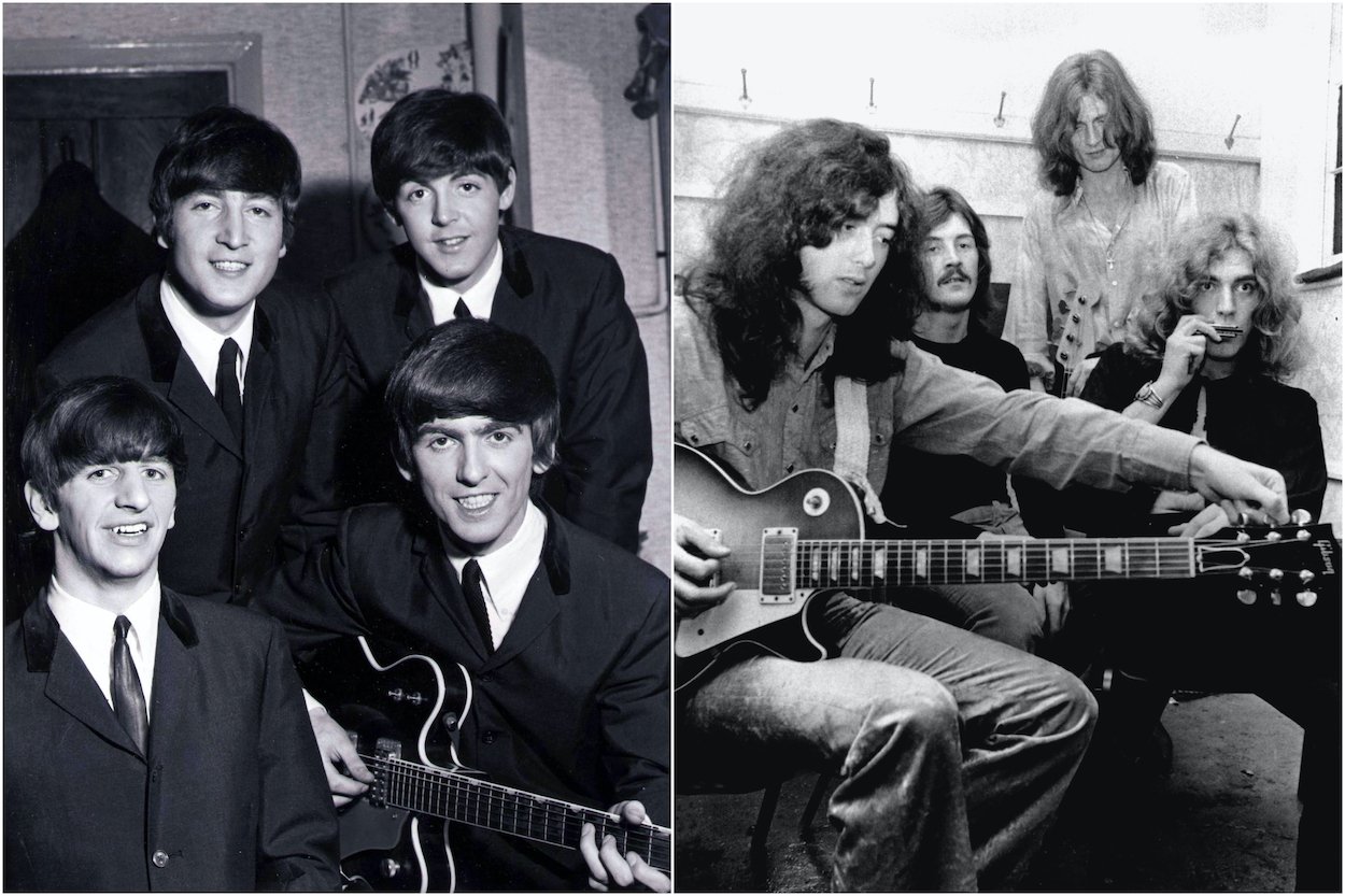 Ringo Starr, John Lennon, Paul McCartney, and George Harrison of The Beatles in 1963 (left); Jimmy Page, John Bonham, John Paul Jones, and Robert Plant of Led Zeppelin in 1969.
