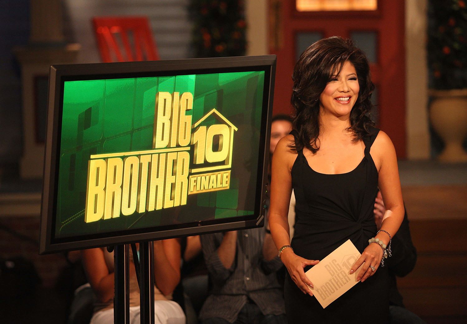 Julie Chen Moonves, the host of 'Big Brother' on CBS, appears during the season 10 finale wearing a black dress.