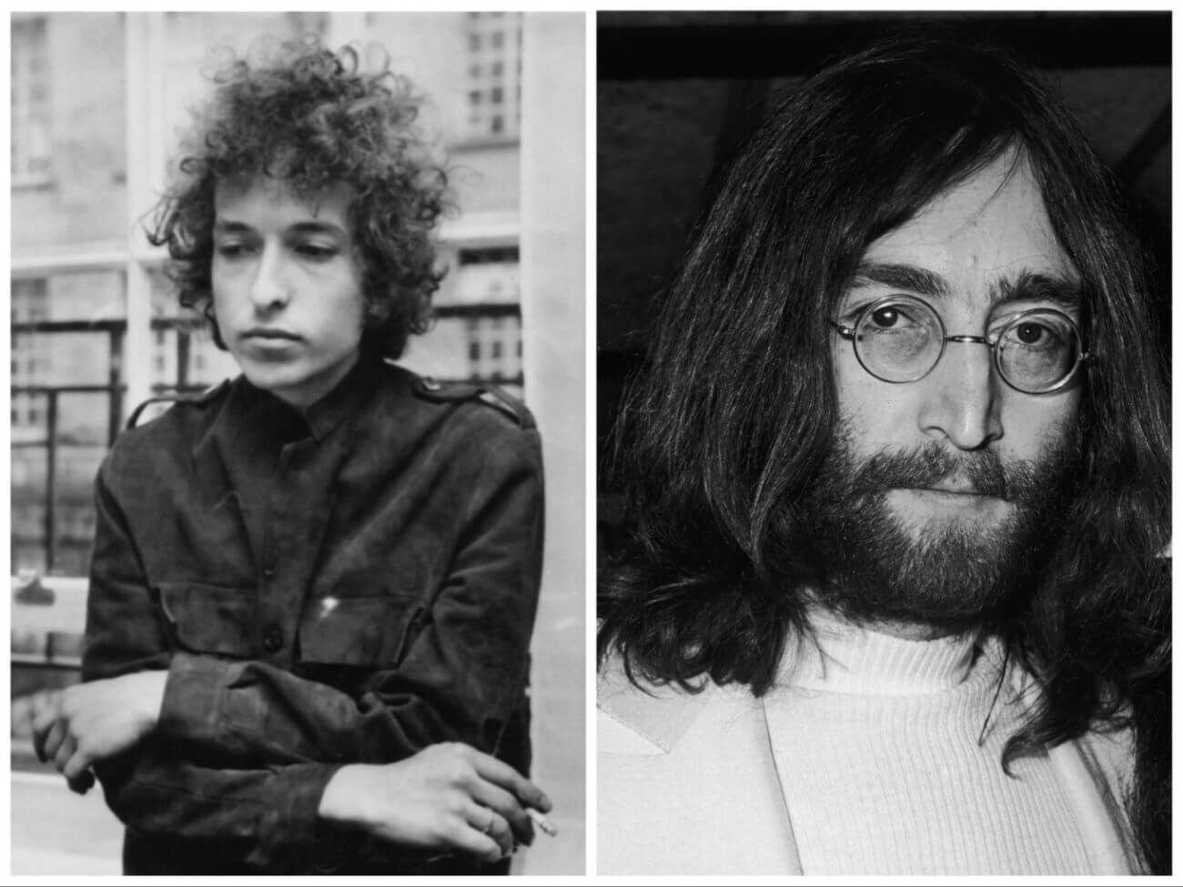 A black and white picture of Bob Dylan holding a cigarette by a window. John Lennon wears a white turtleneck and glasses.