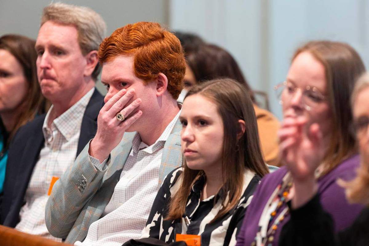 Buster Murdaugh, the only surviving son of Alex Murdaugh, wipes away tears as witnesses are called in Alex Murdaugh's trial for murder