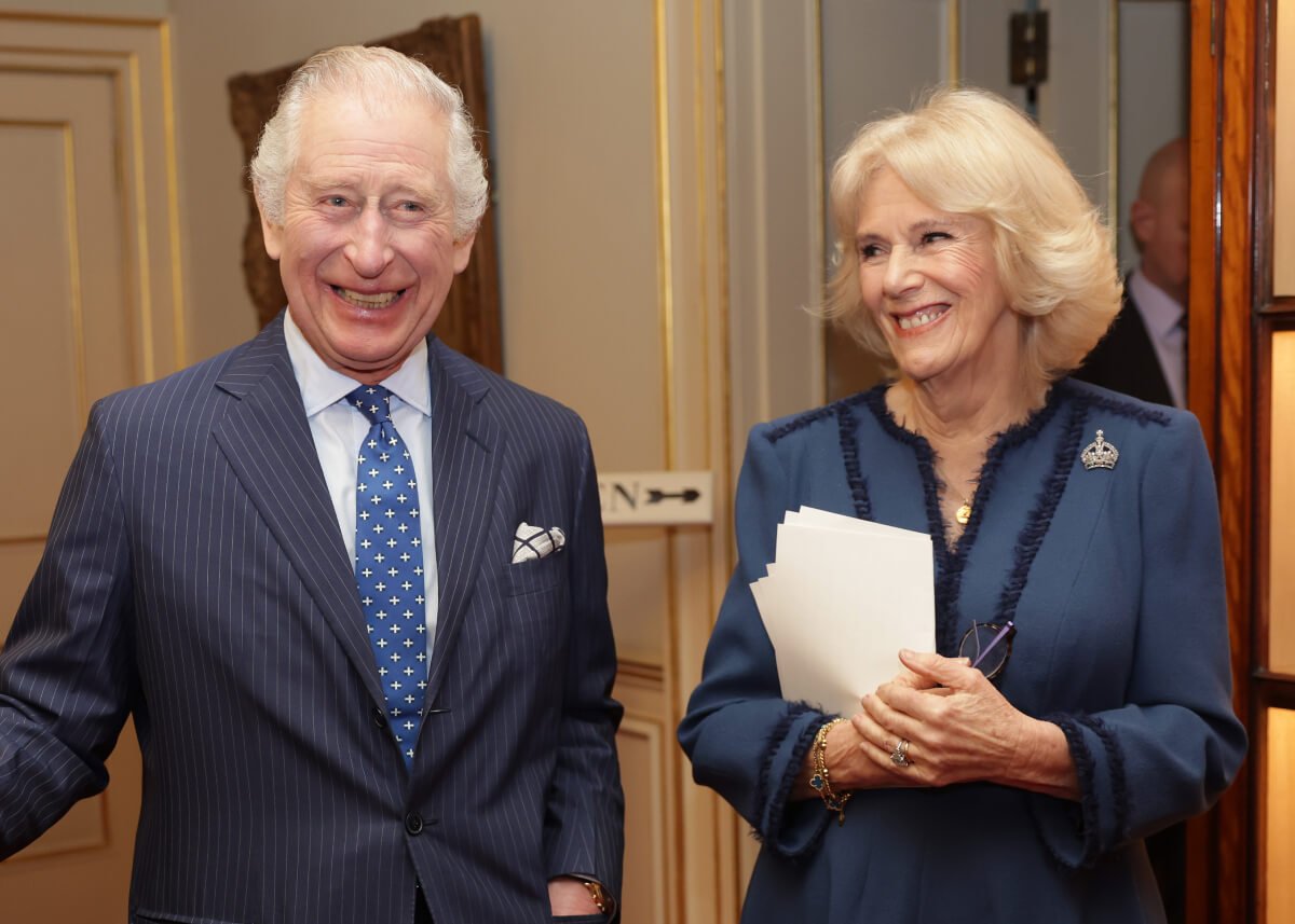 King Charles III and Camilla, Queen Consort attend a reception to celebrate the second anniversary of The Reading Room at Clarence House on February 23, 2023 in London, England