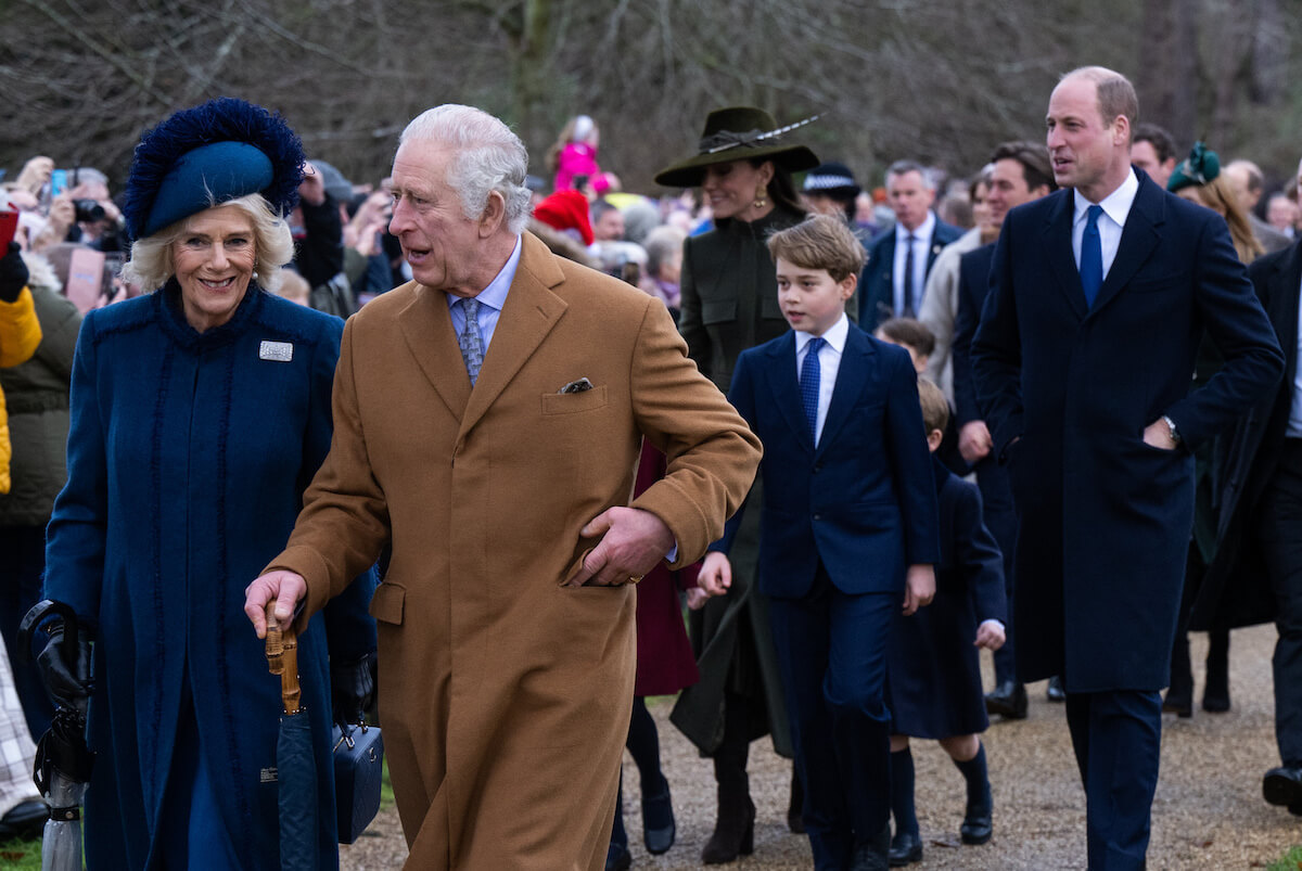 Kate Middleton and Prince William, who are reportedly 'worried' about Prince George's coronation role, walk with their son, Camilla Parker Bowles, and King Charles