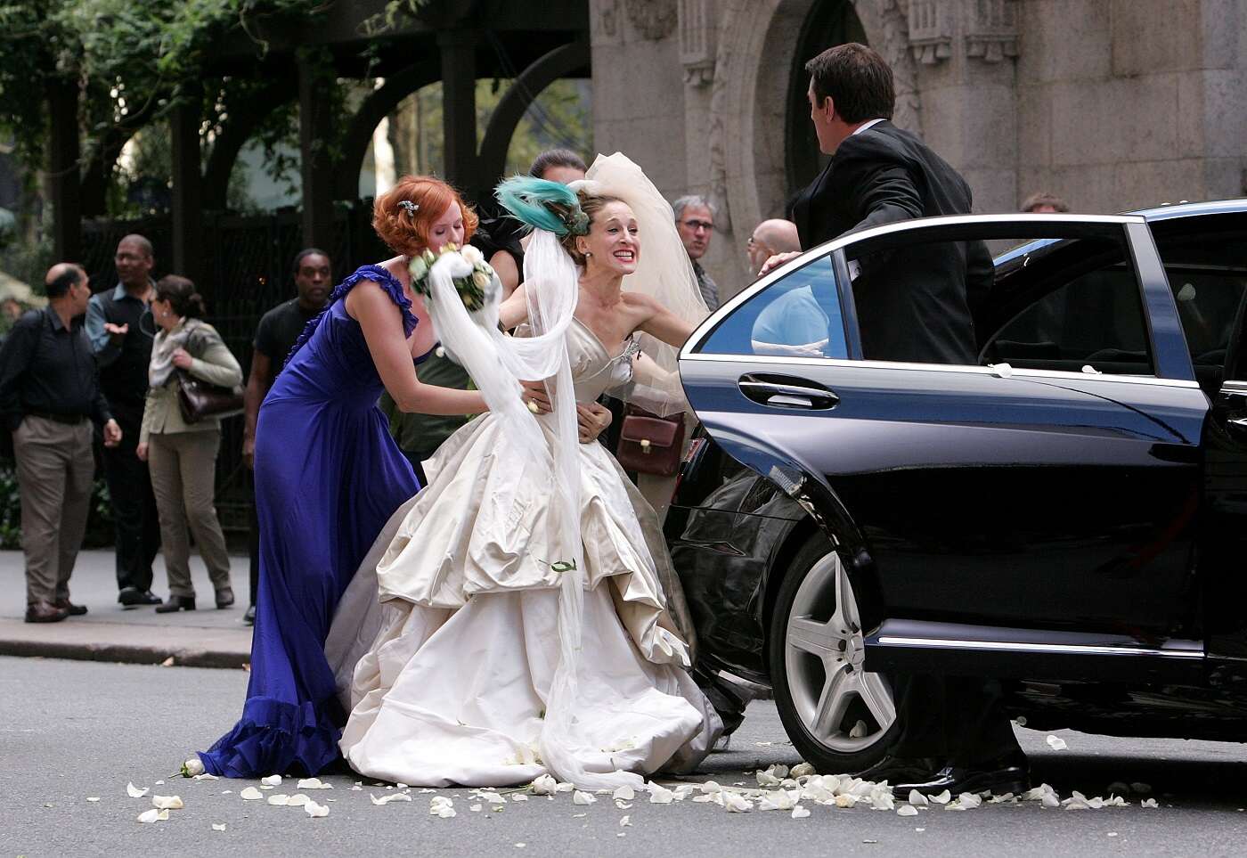 Cynthia Nixon, Kristin Davis, Sarah Jessica Parker and Chris Noth after leaving Carrie and Mr. BIg's ill-fated wedding in 'Sex and the City: The Movie' 
