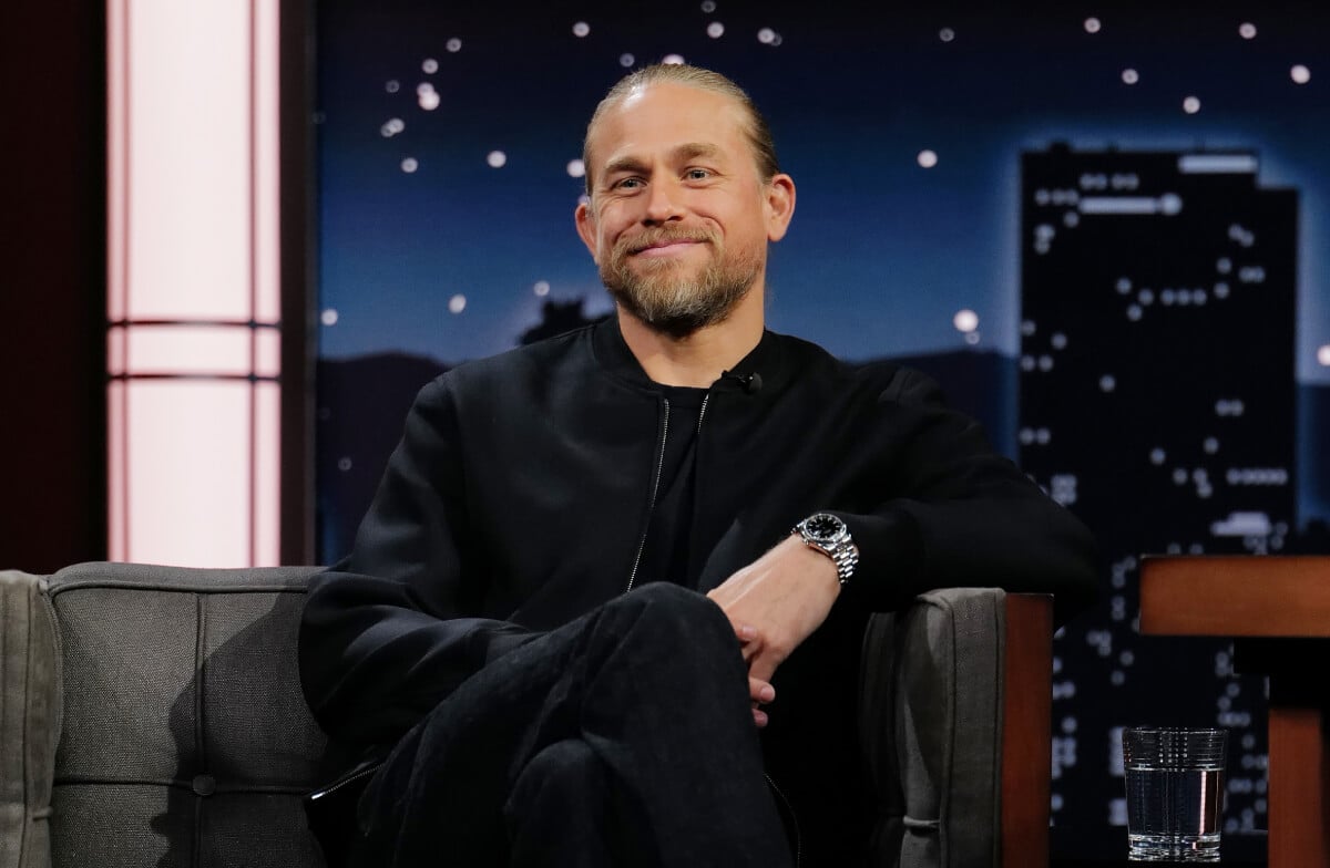 Sons of Anarchy star Charlie Hunnam smiles for the cameras during an appearance on Jimmy Kimmel Live to promote his latest show Shantaram