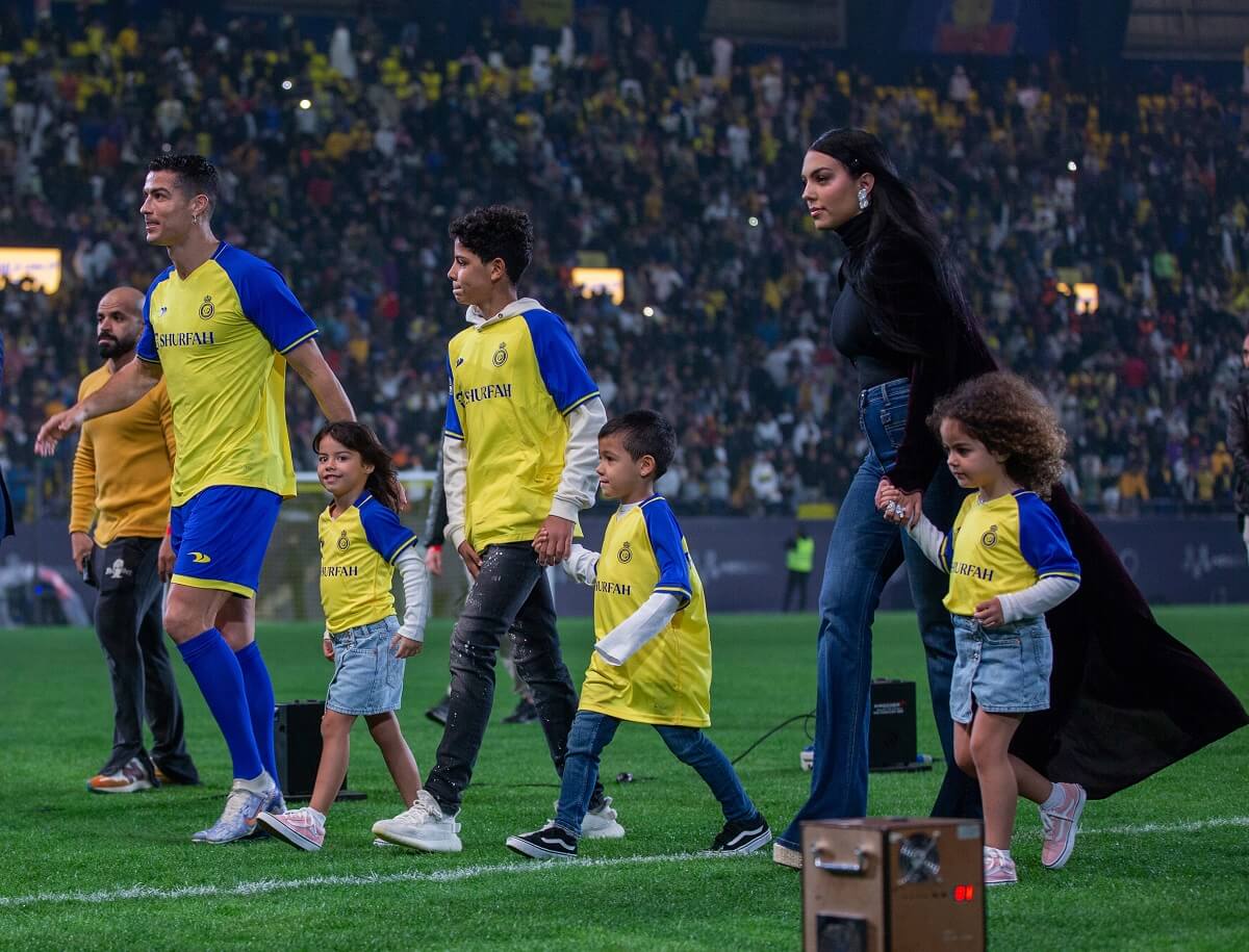 Cristiano Ronaldo with his children and partner, Georgina Rodriguez, at Mrsool Park Stadium (King Saud University Stadium) in Saudi Arabia
